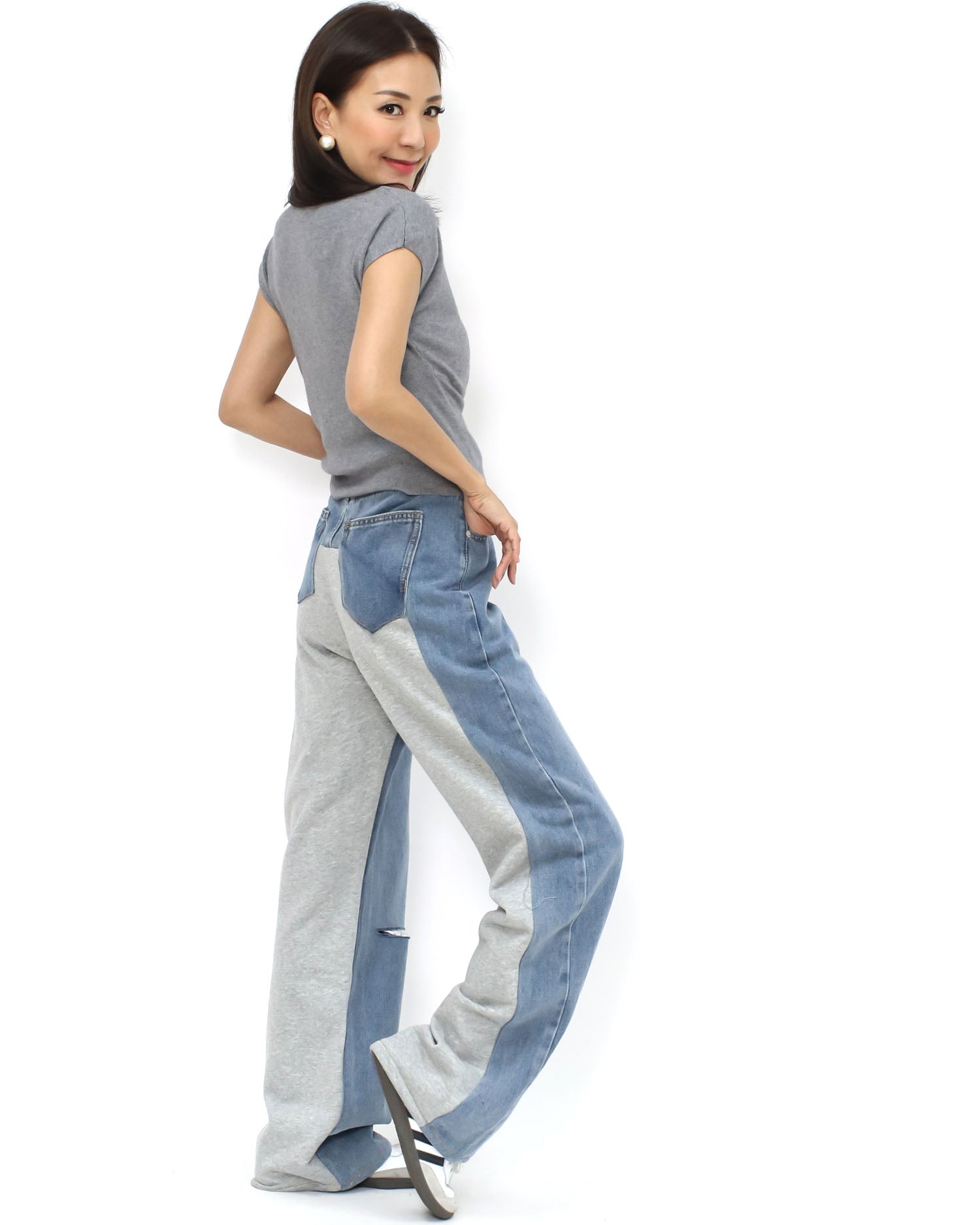 blue denim w/ grey sweat contrast straight leg pants *pre-order*