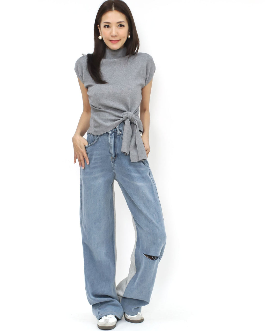 blue denim w/ grey sweat contrast straight leg pants *pre-order*