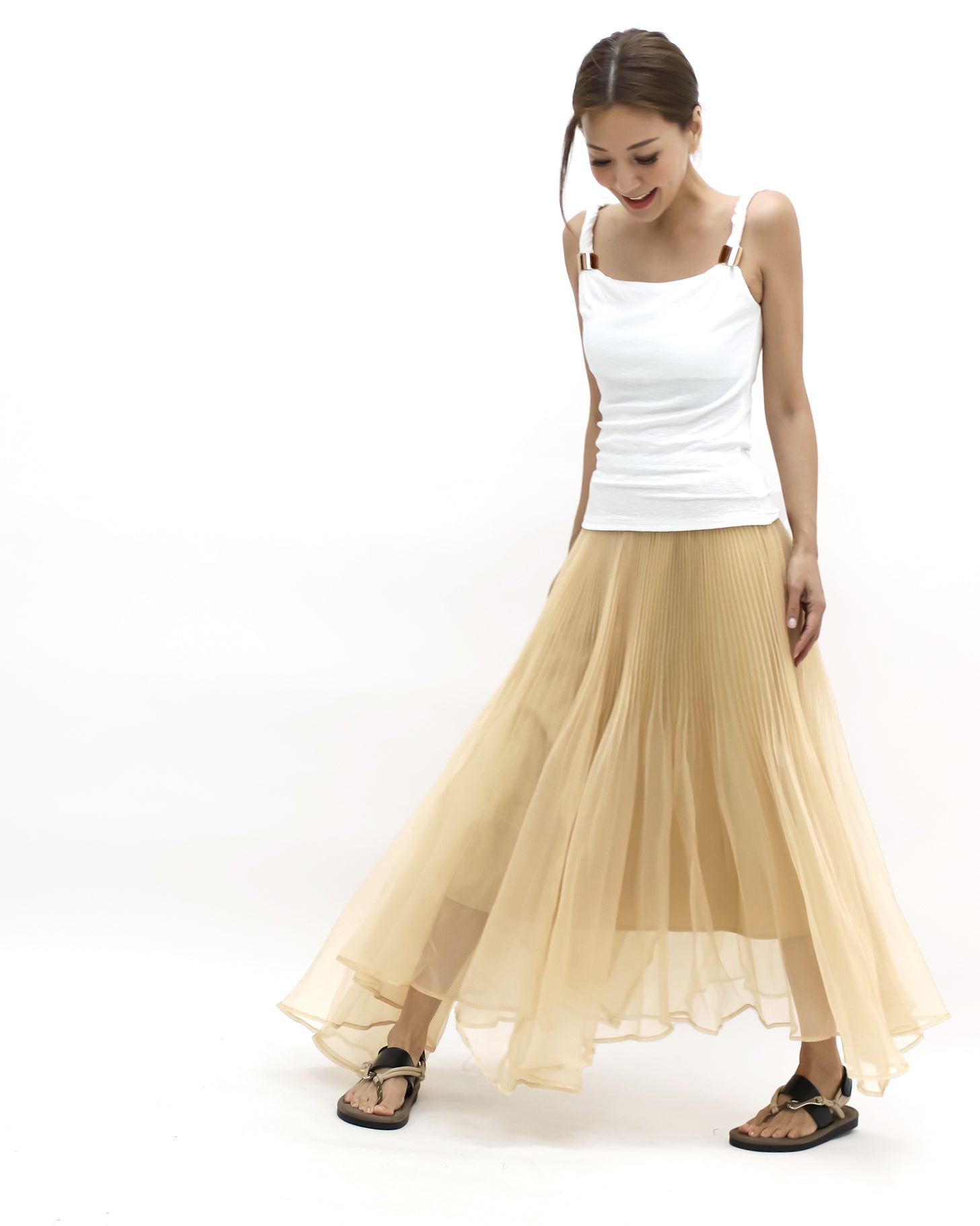 beige mesh flare longline skirt *pre-order*