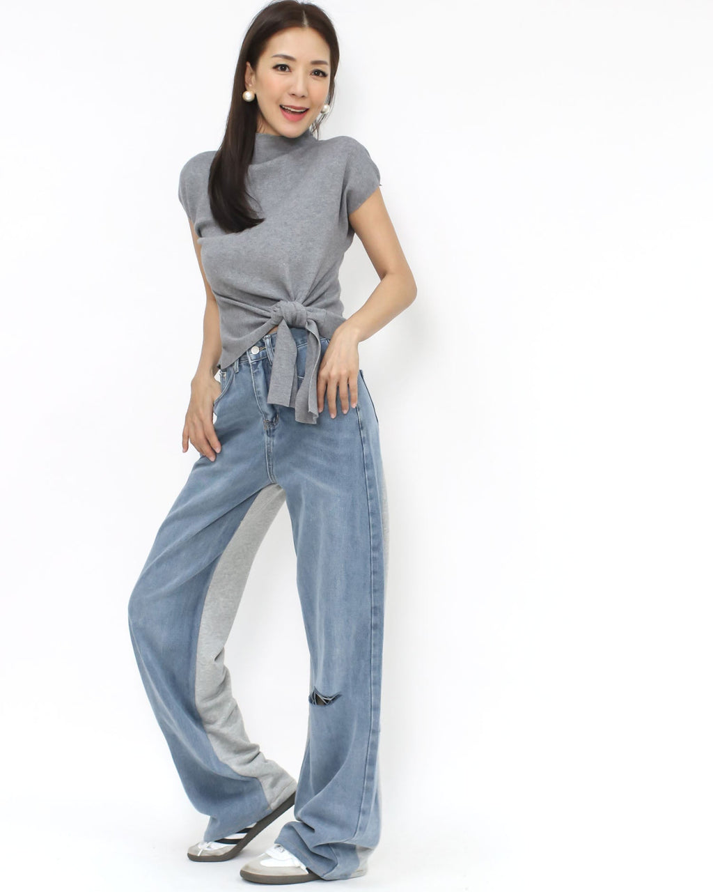 blue denim w/ grey sweat contrast straight leg pants *pre-order*