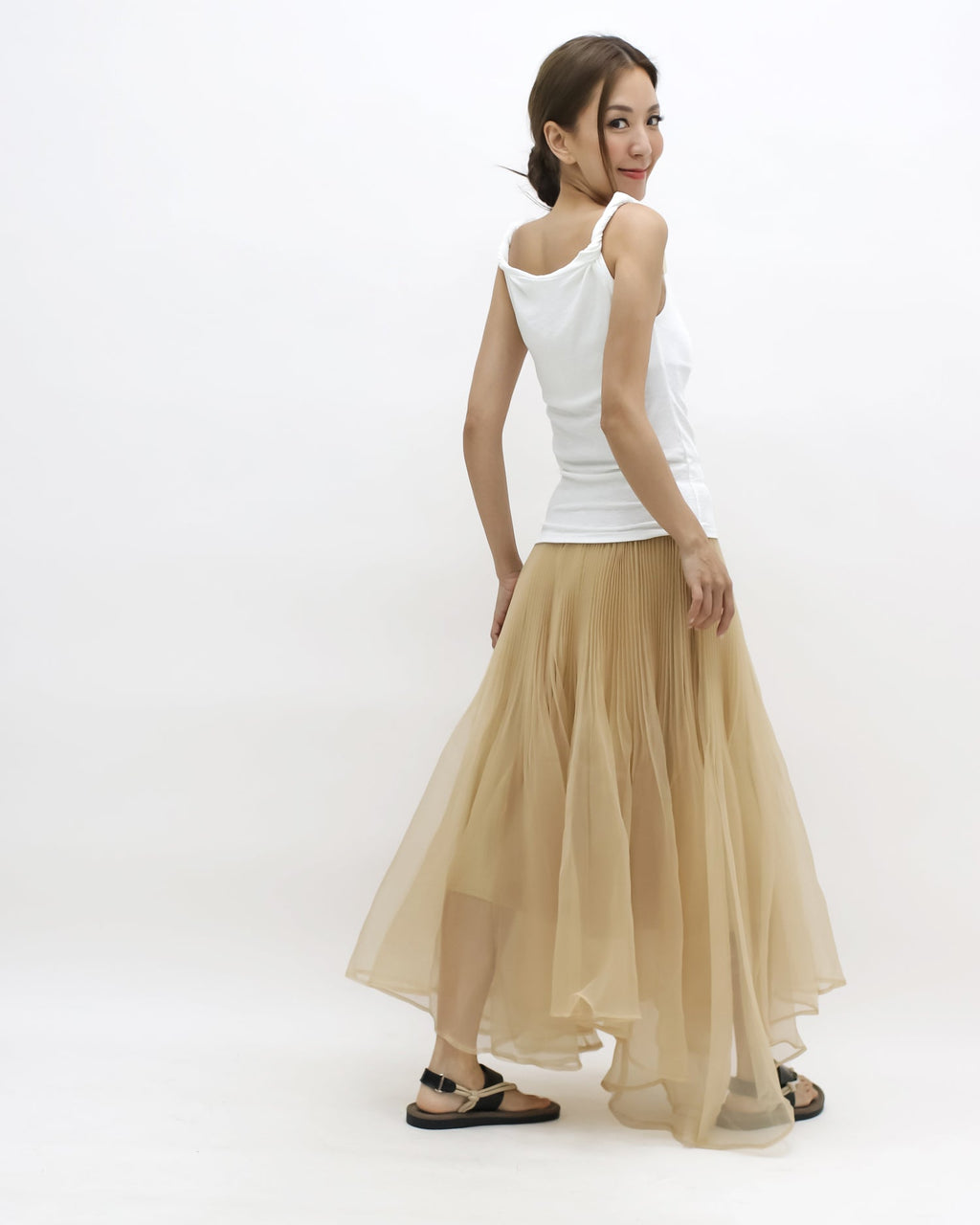 beige mesh flare longline skirt *pre-order*