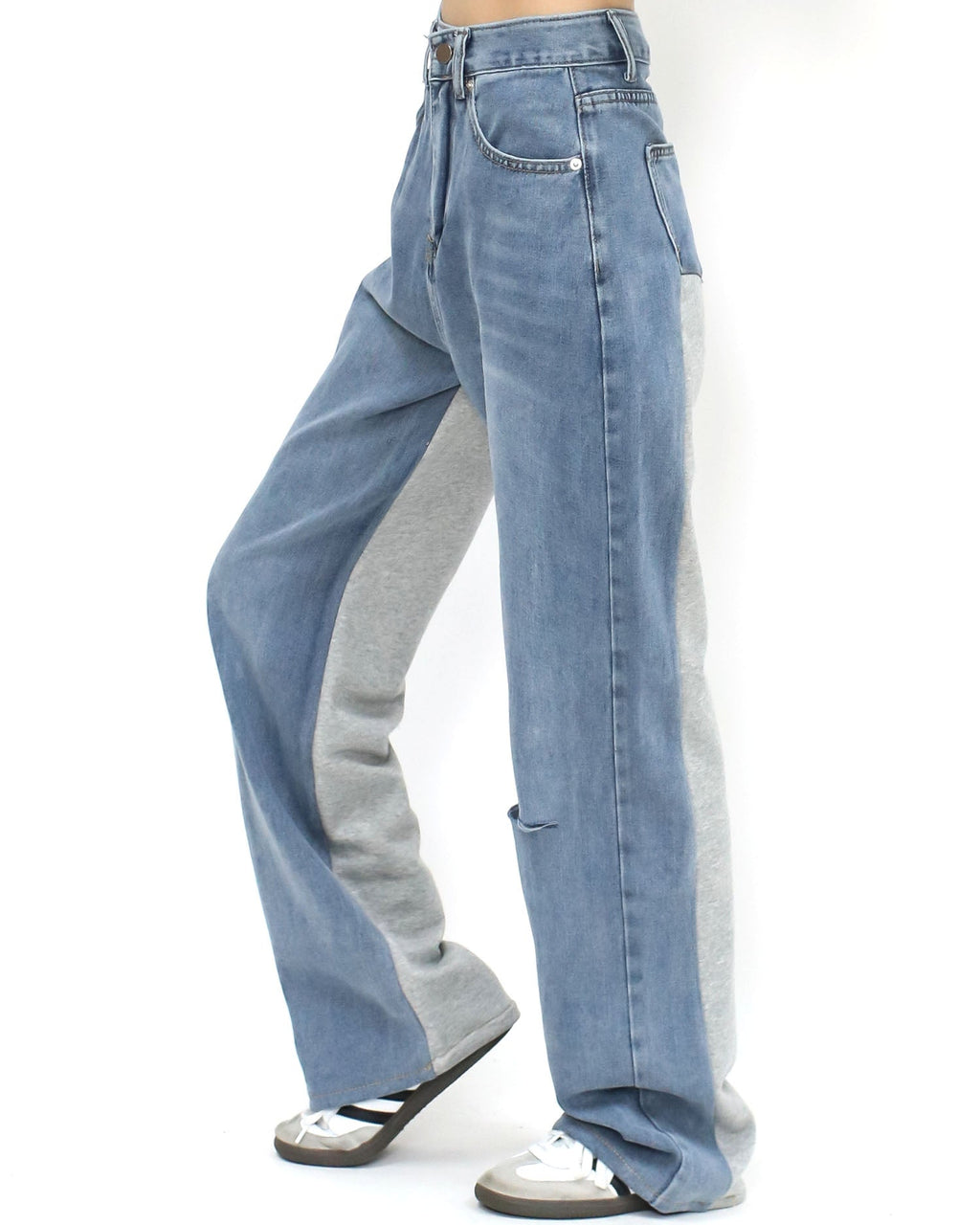 blue denim w/ grey sweat contrast straight leg pants *pre-order*