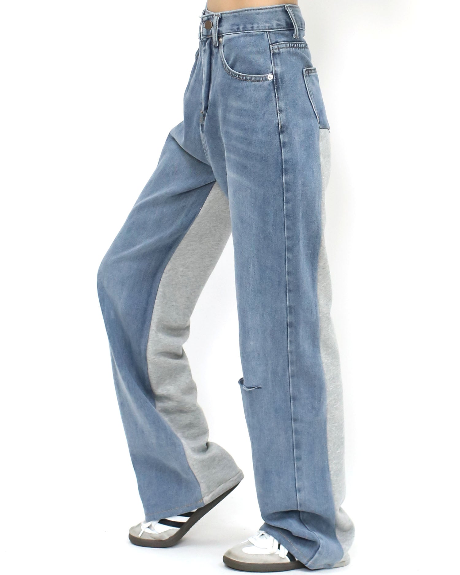 blue denim w/ grey sweat contrast straight leg pants *pre-order*