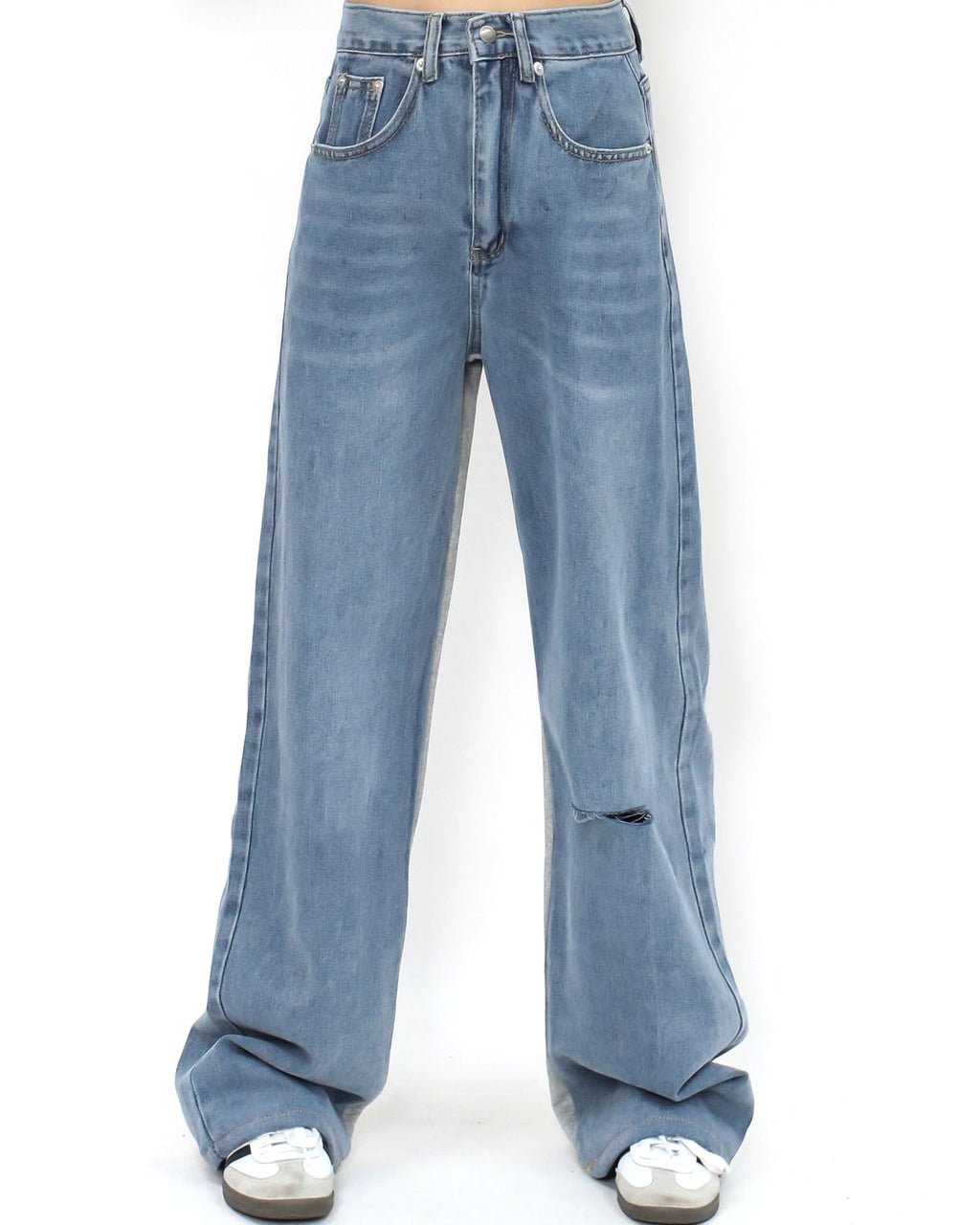 blue denim w/ grey sweat contrast straight leg pants *pre-order*