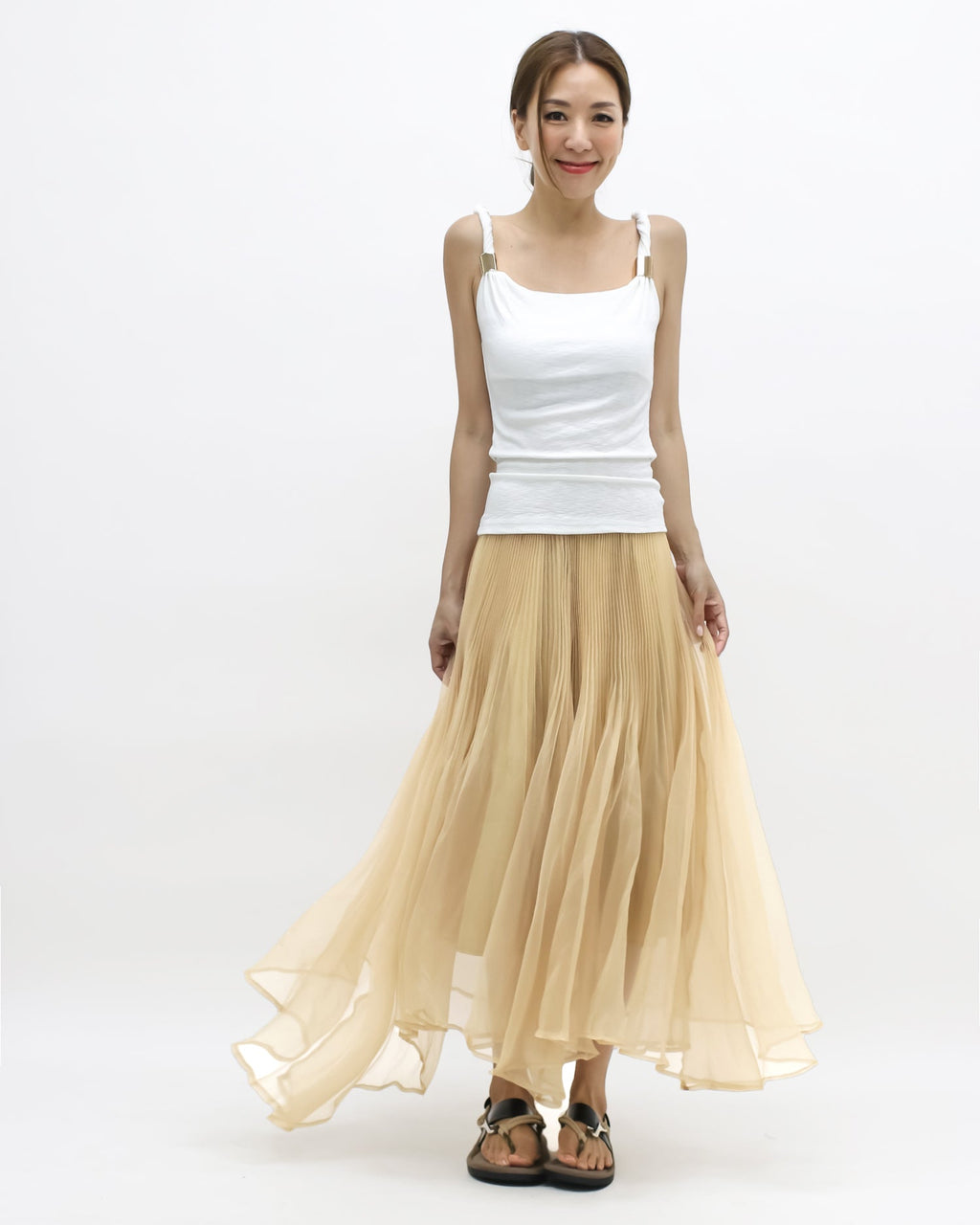 beige mesh flare longline skirt *pre-order*