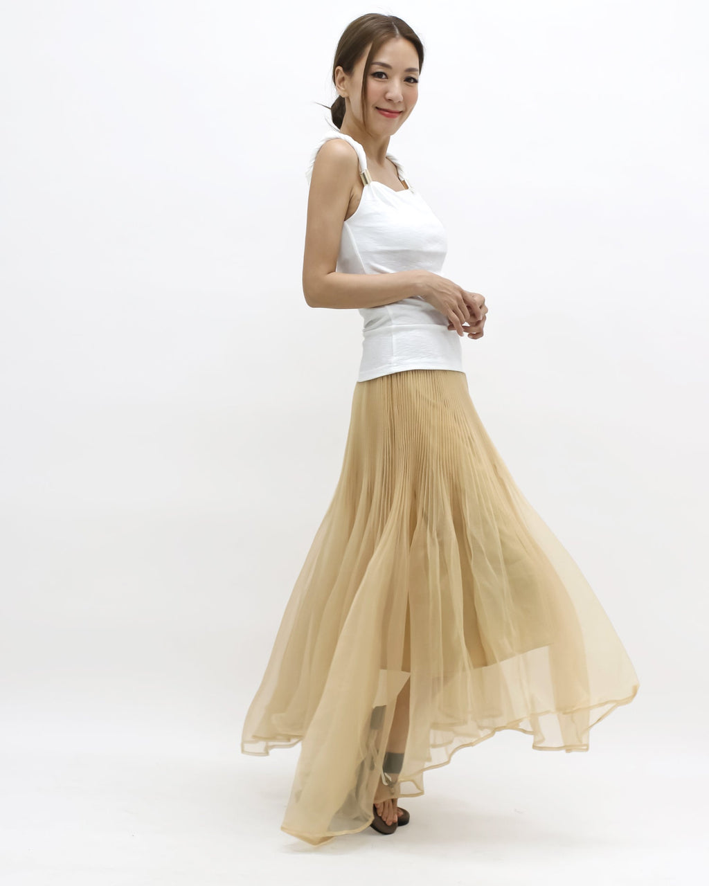 beige mesh flare longline skirt *pre-order*