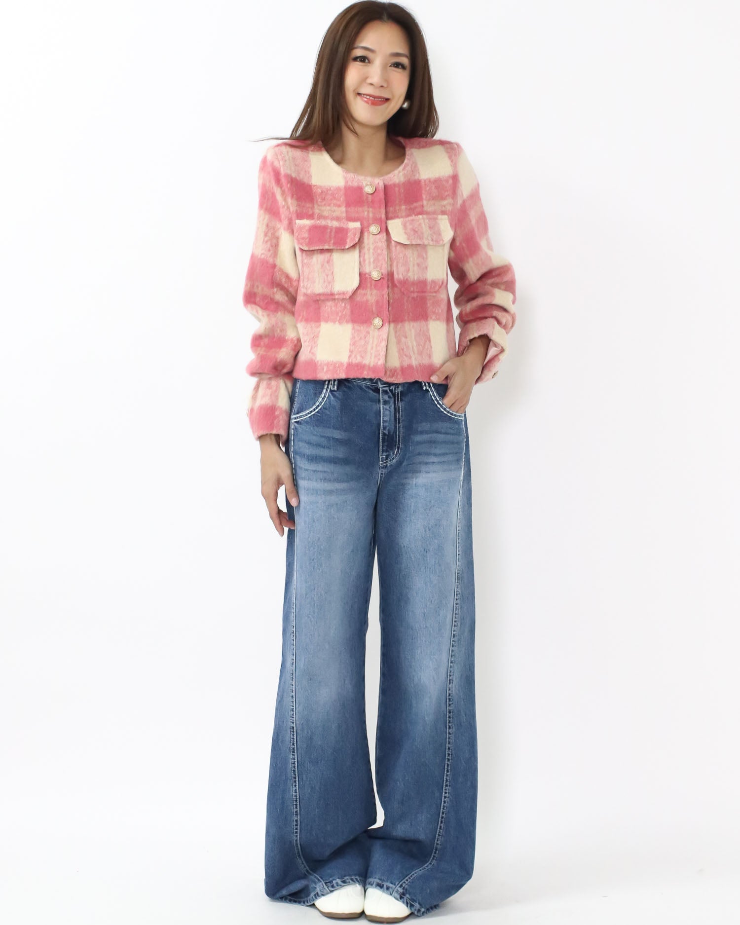 pink & ivory checkers wool blended jacket *pre-order*