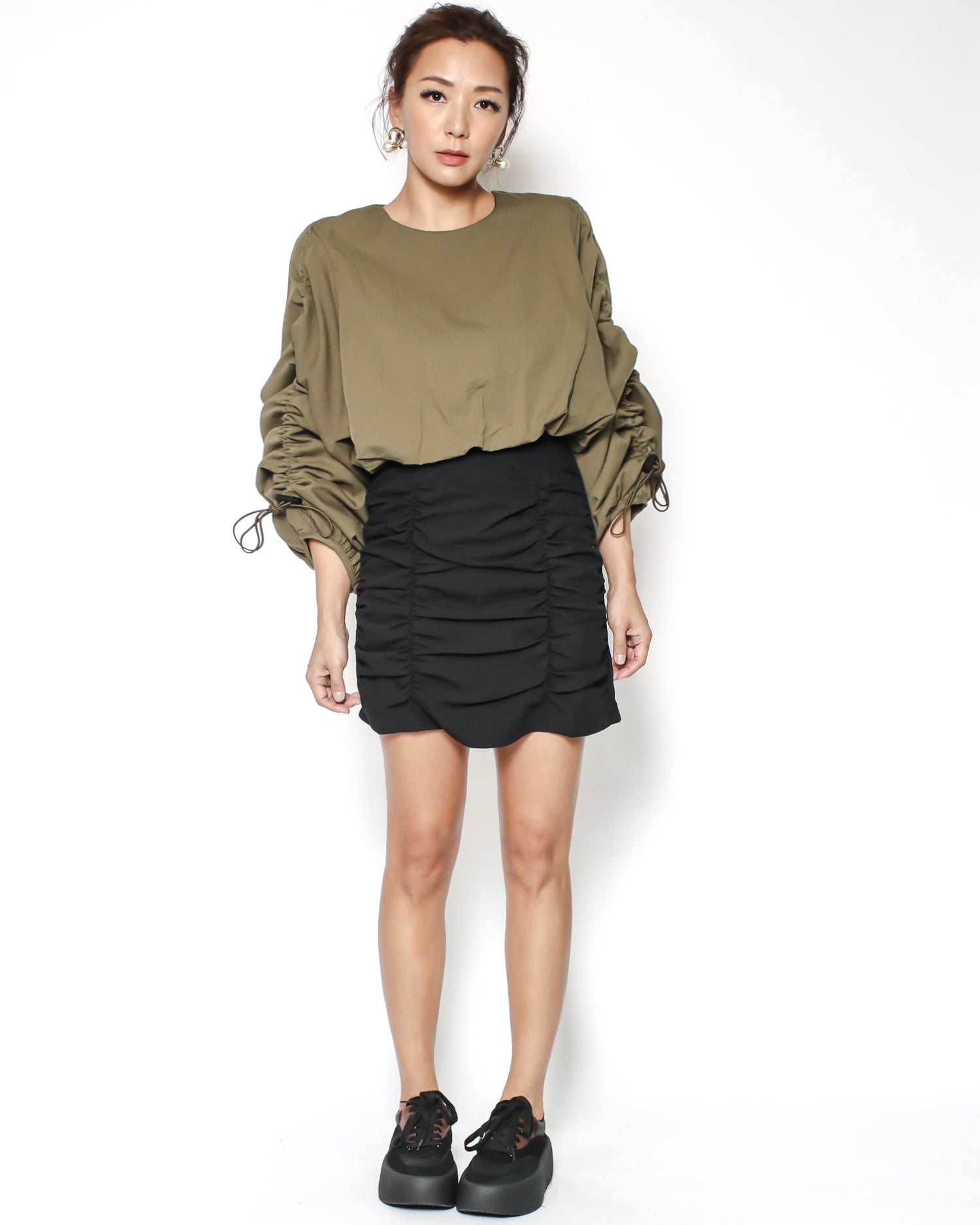 black ruched high waist shirt skirt - S / M