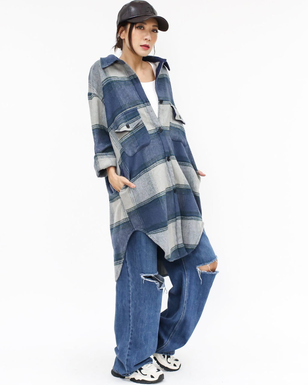 blue checkers wool blended longline shirt *pre-order*