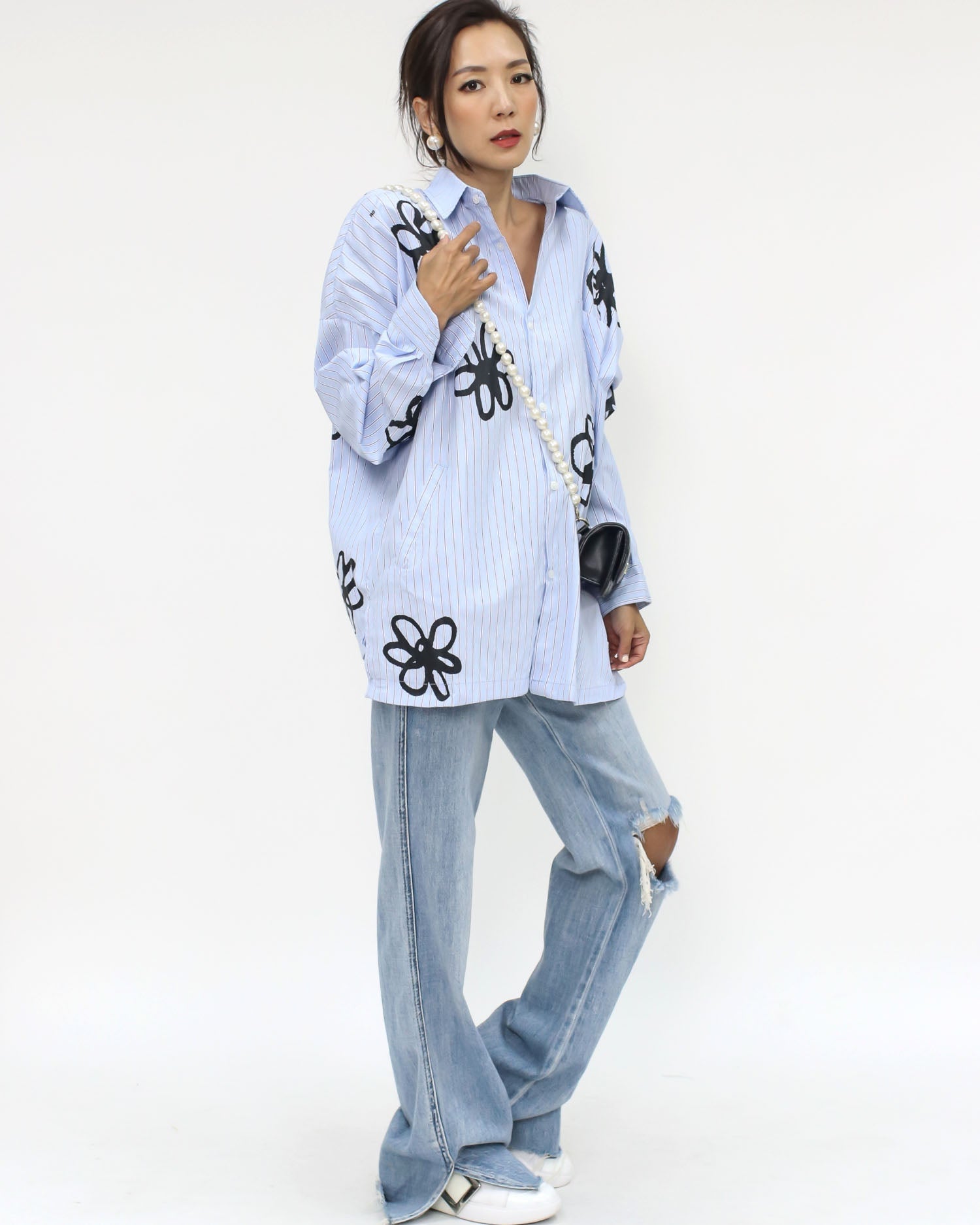 blue & ivory stripes flower printed shirt *pre-order*