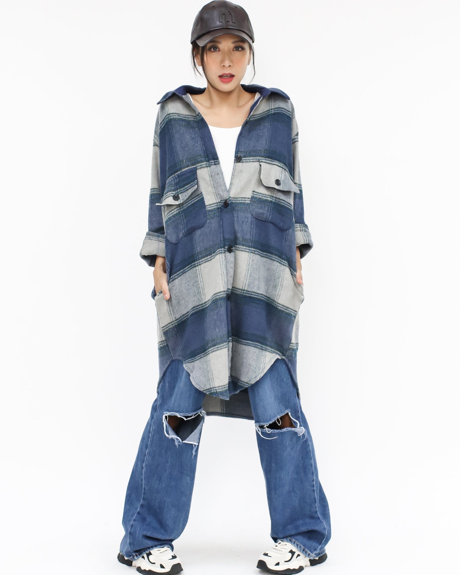 blue checkers wool blended longline shirt *pre-order*