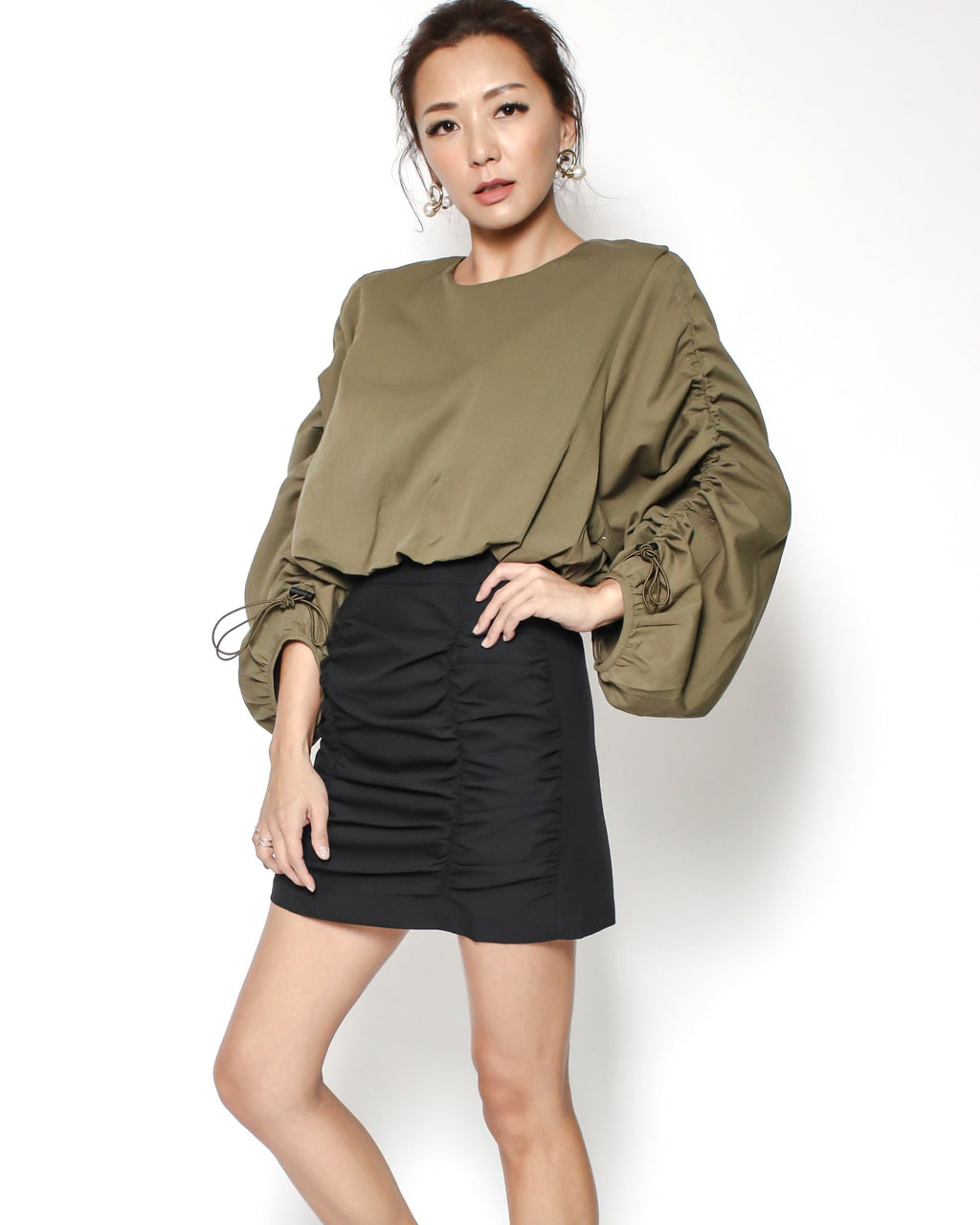 black ruched high waist shirt skirt - S / M