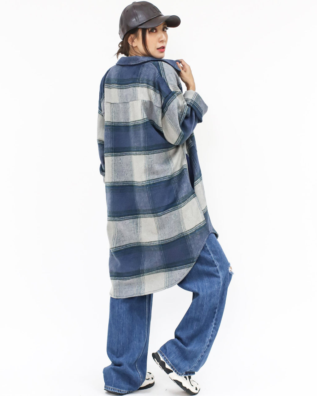 blue checkers wool blended longline shirt *pre-order*
