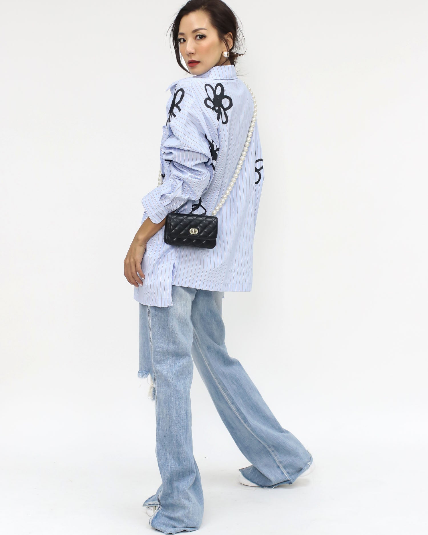 blue & ivory stripes flower printed shirt *pre-order*