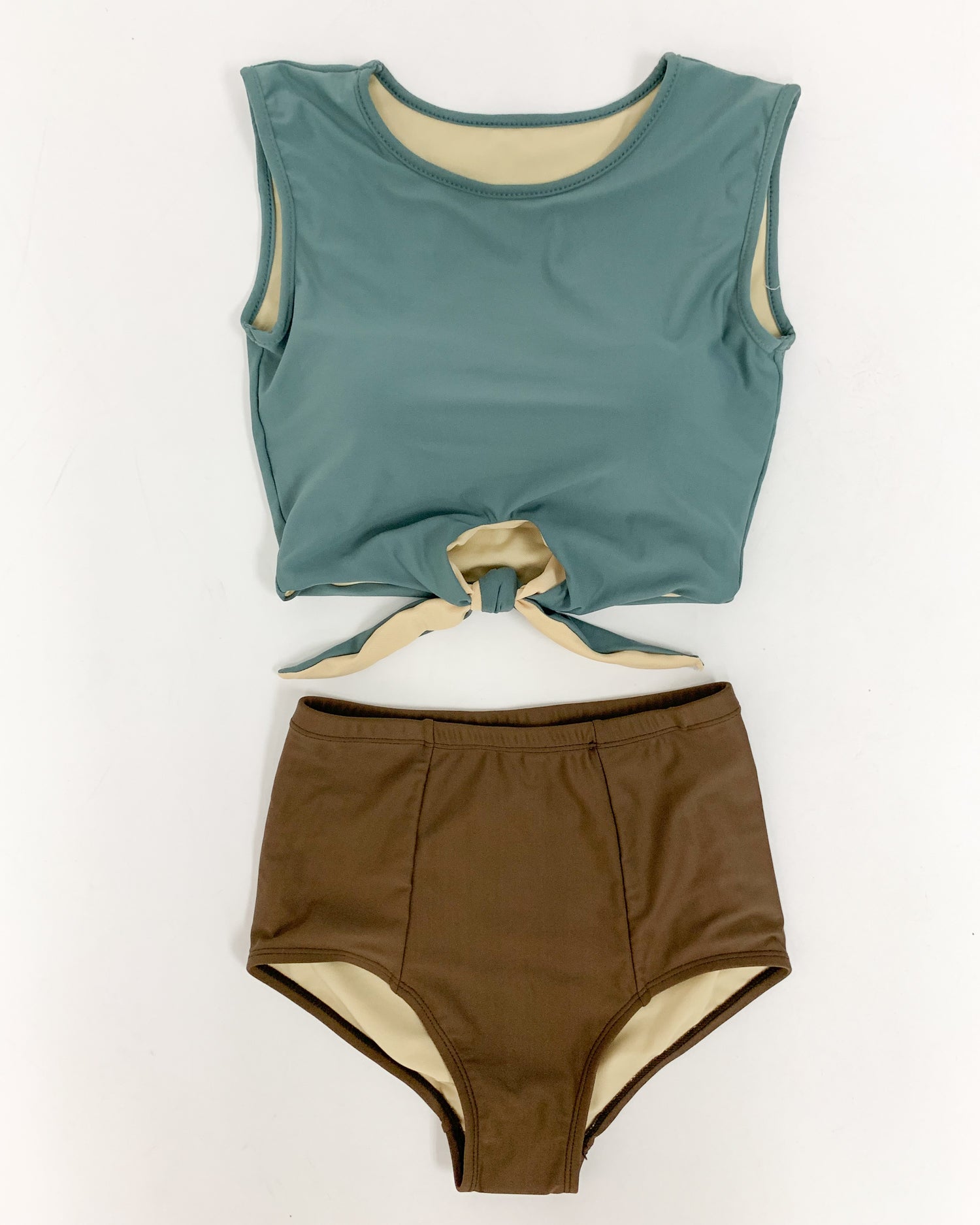 copper green tie-up front cropped vest with mid waist brown bottom swimwear *pre-order*