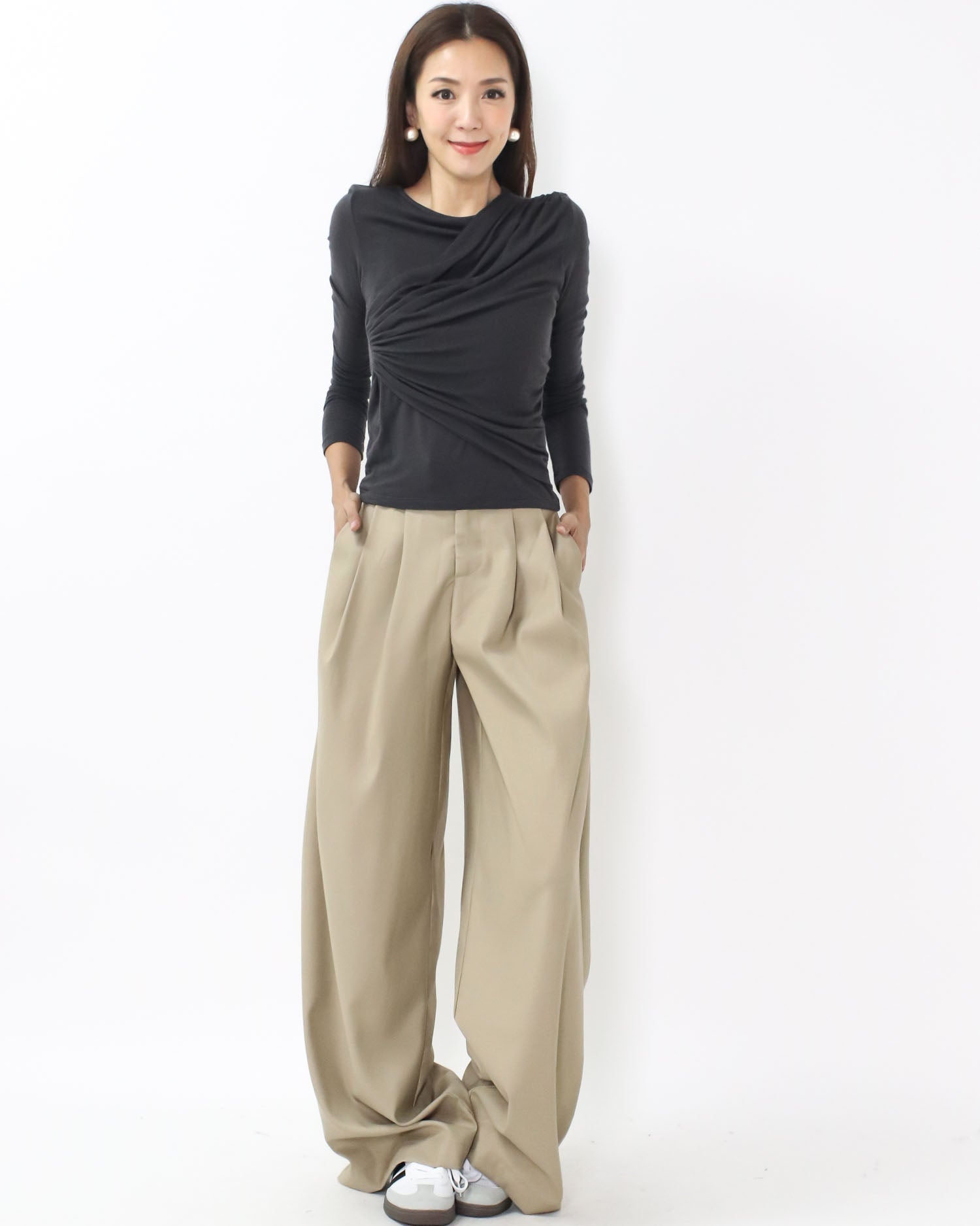 charcoal grey ruched front long sleeves top *pre-order*