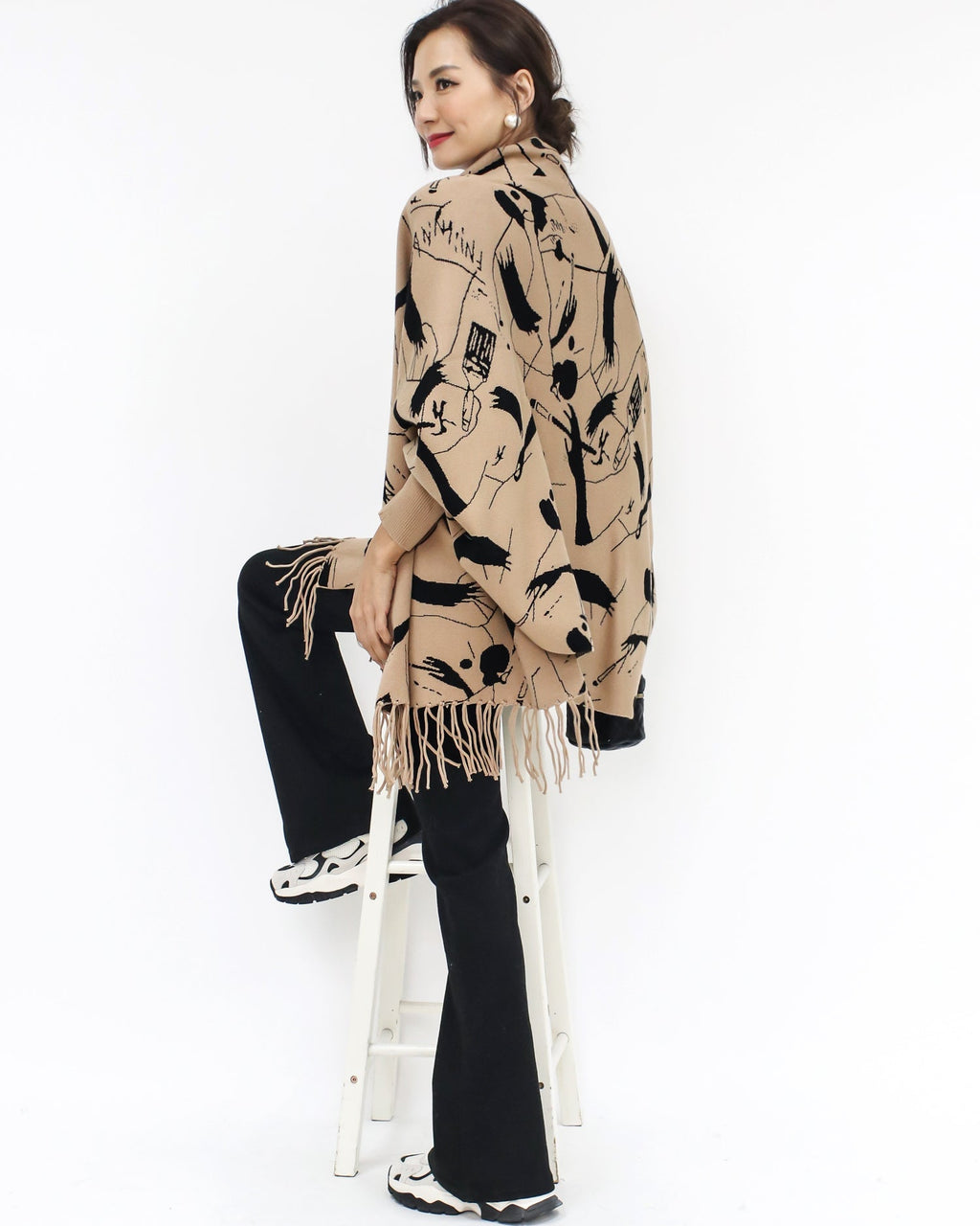 camel printed tassels knitted scarf poncho *pre-order*