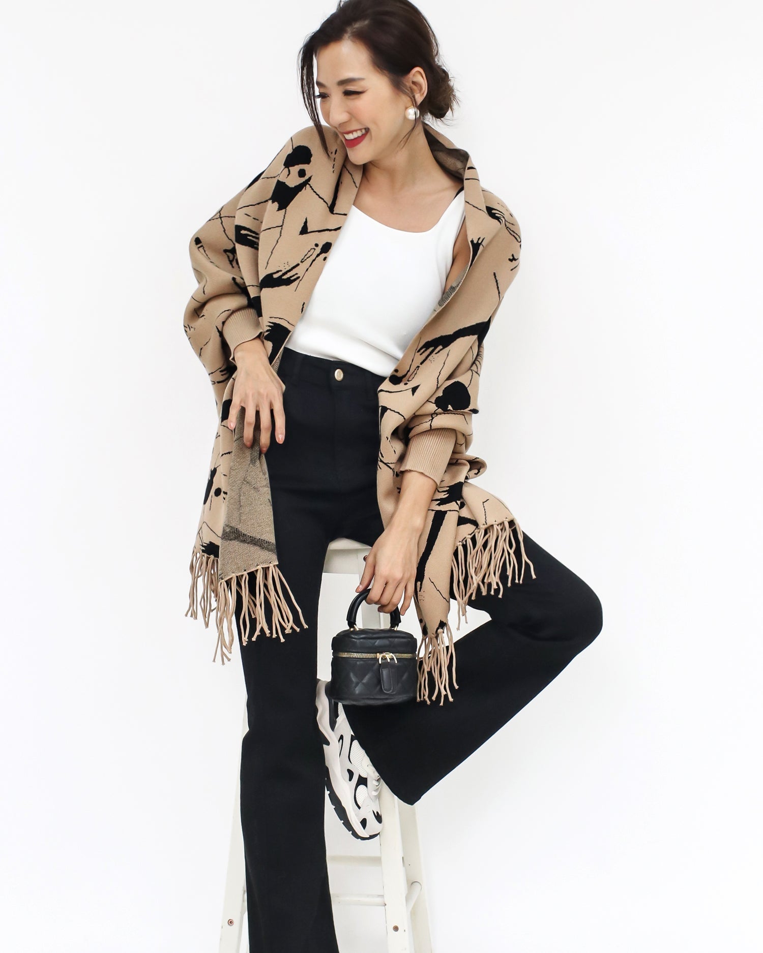 camel printed tassels knitted scarf poncho *pre-order*