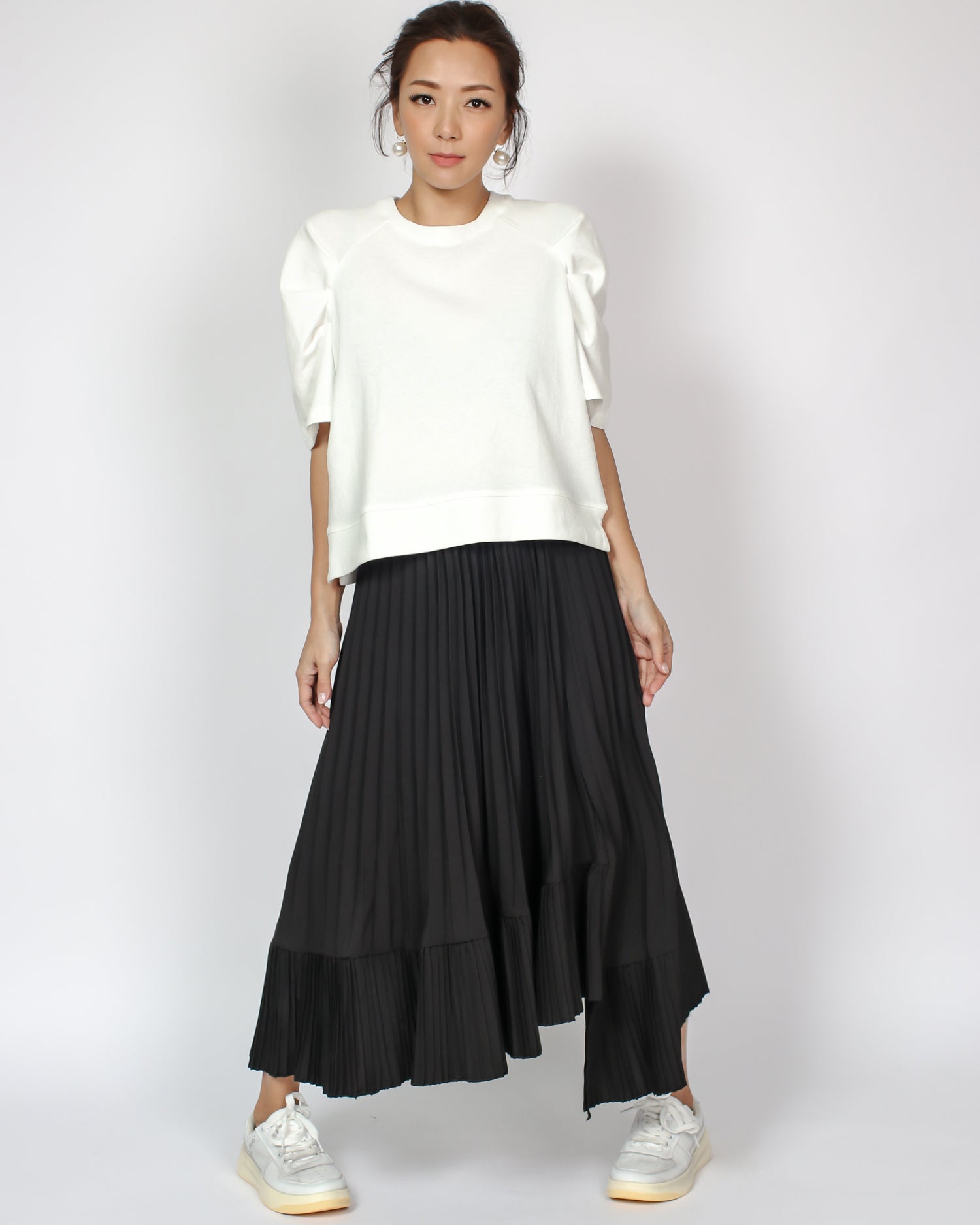 black crepe pleats asymmetric hem midi skirt *pre-order*