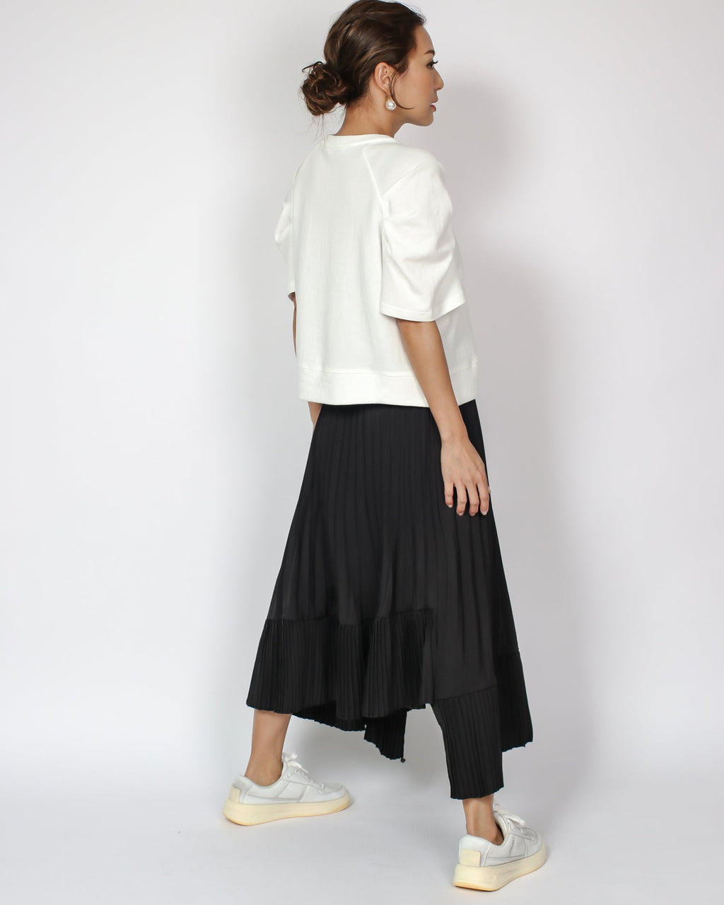 black crepe pleats asymmetric hem midi skirt *pre-order*