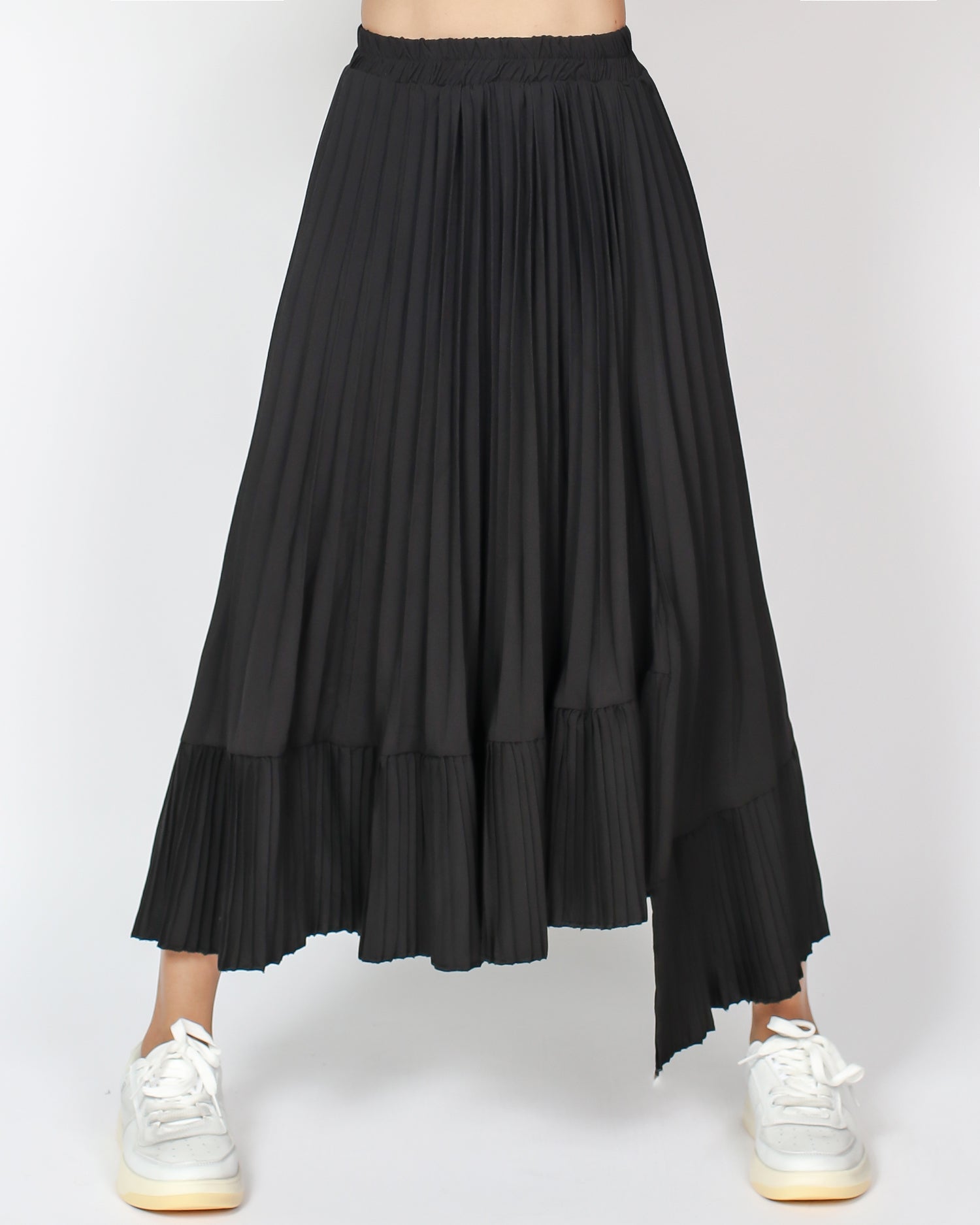 black crepe pleats asymmetric hem midi skirt *pre-order*
