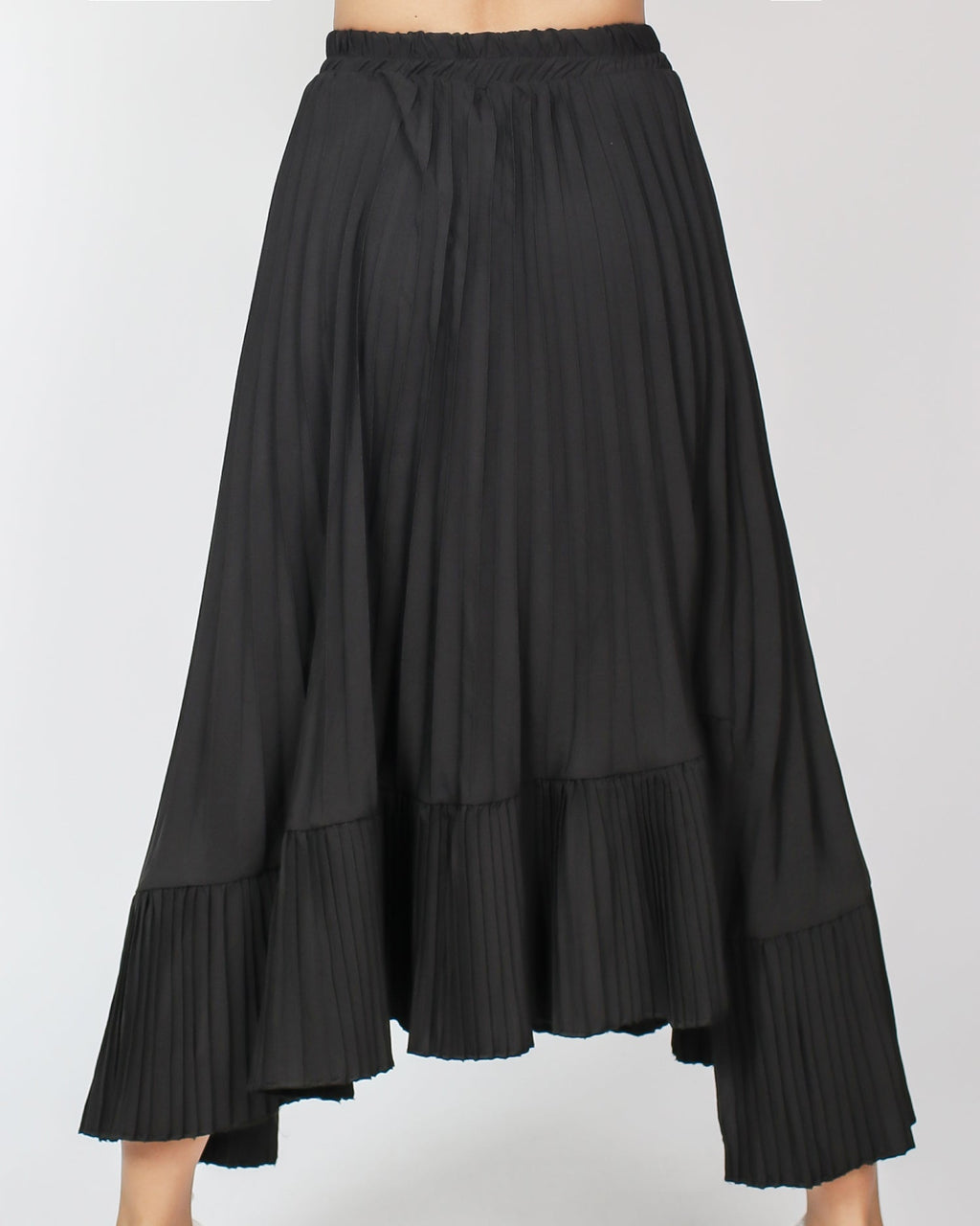 black crepe pleats asymmetric hem midi skirt *pre-order*