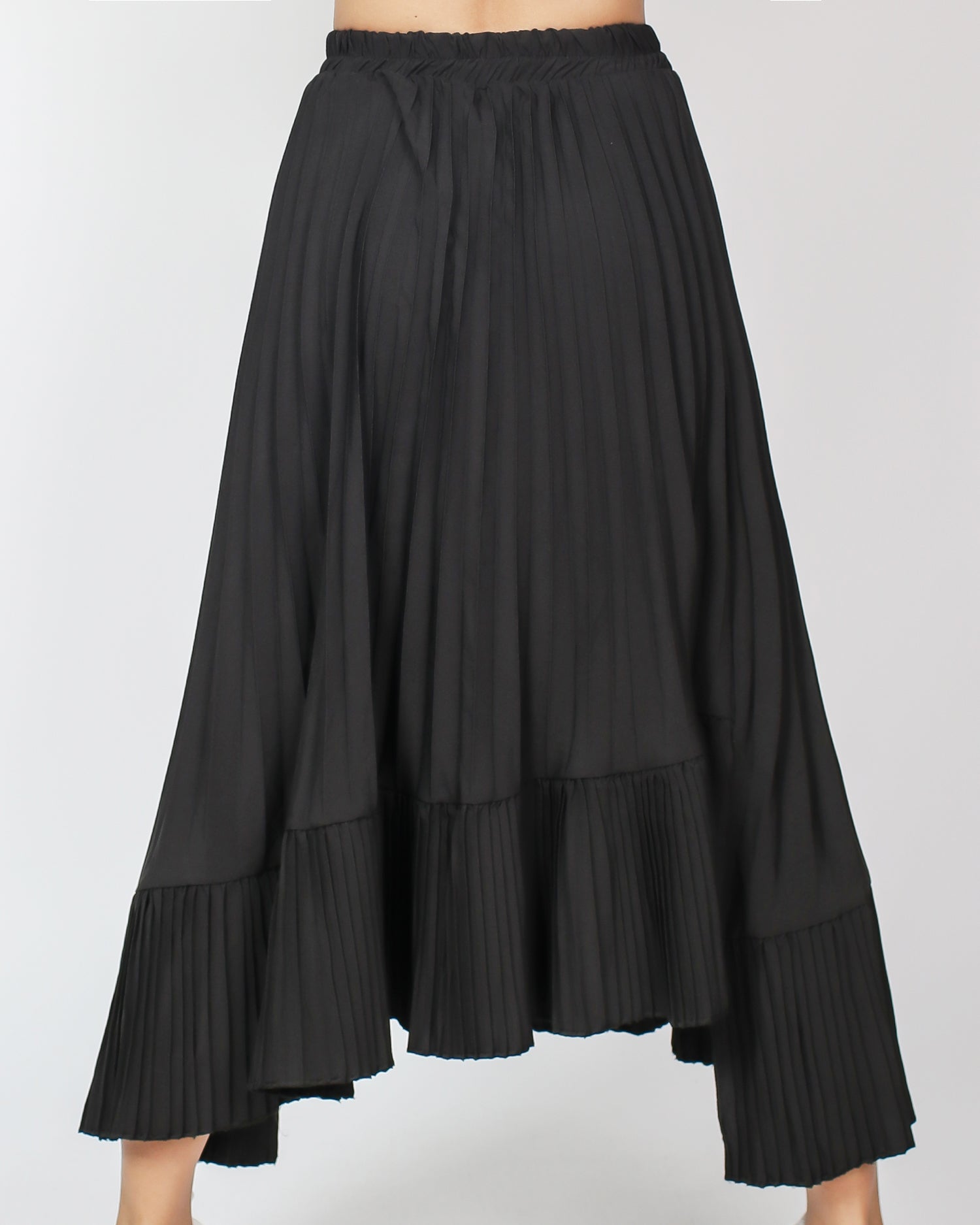 black crepe pleats asymmetric hem midi skirt *pre-order*