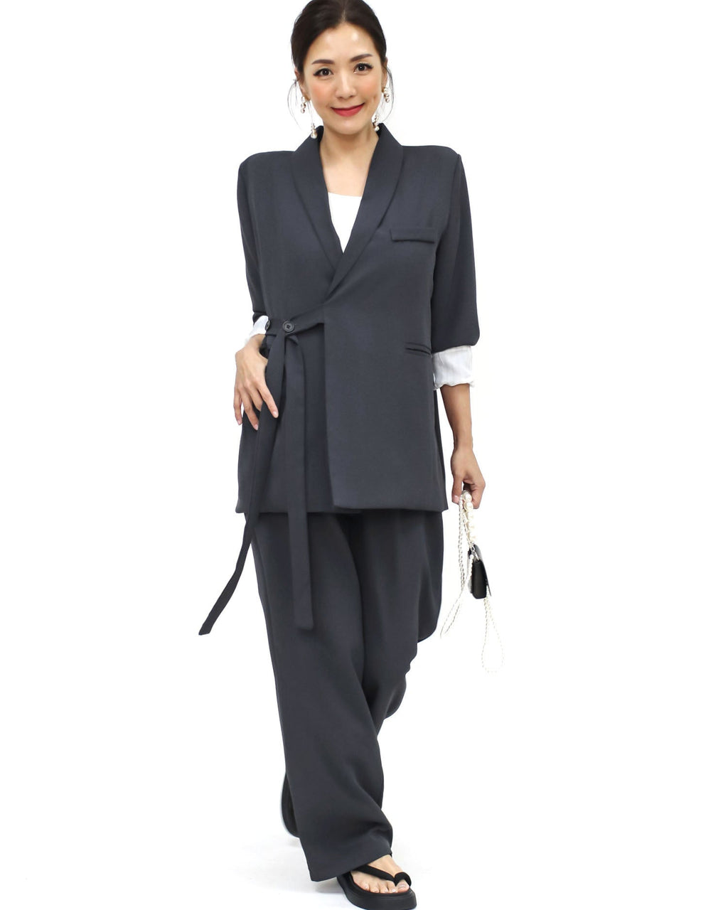 grey slinky w/ stripes inner blazer & pants set *pre-order*