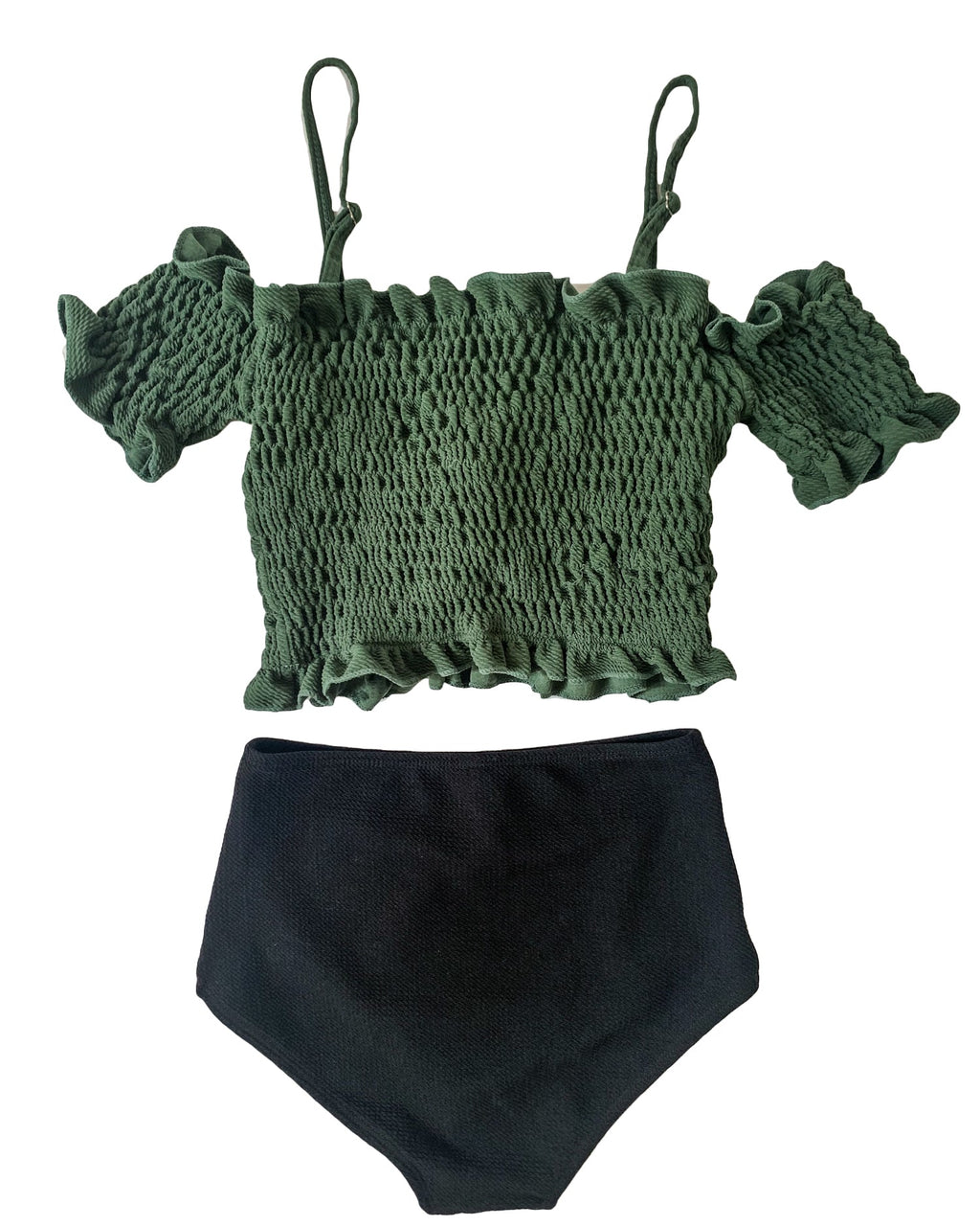 green ruched off shoulders & black high waist texture bottom bikini  *pre-order*