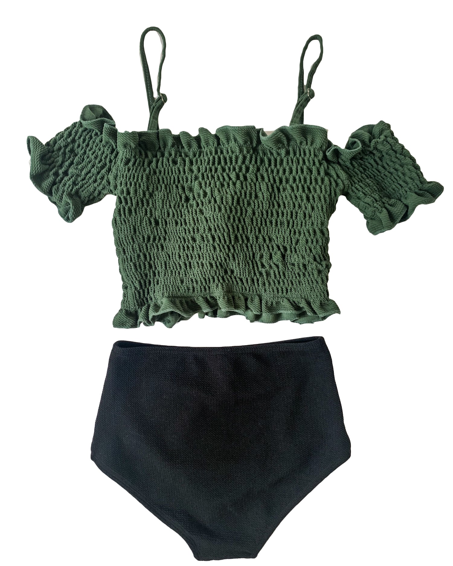 green ruched off shoulders & black high waist texture bottom bikini  *pre-order*