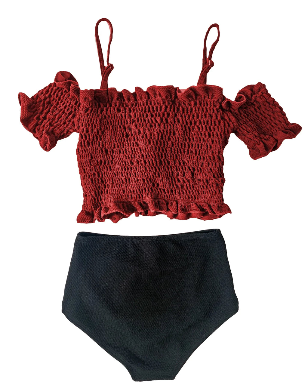 red ruched off shoulders & black high waist texture bottom bikini  *pre-order*