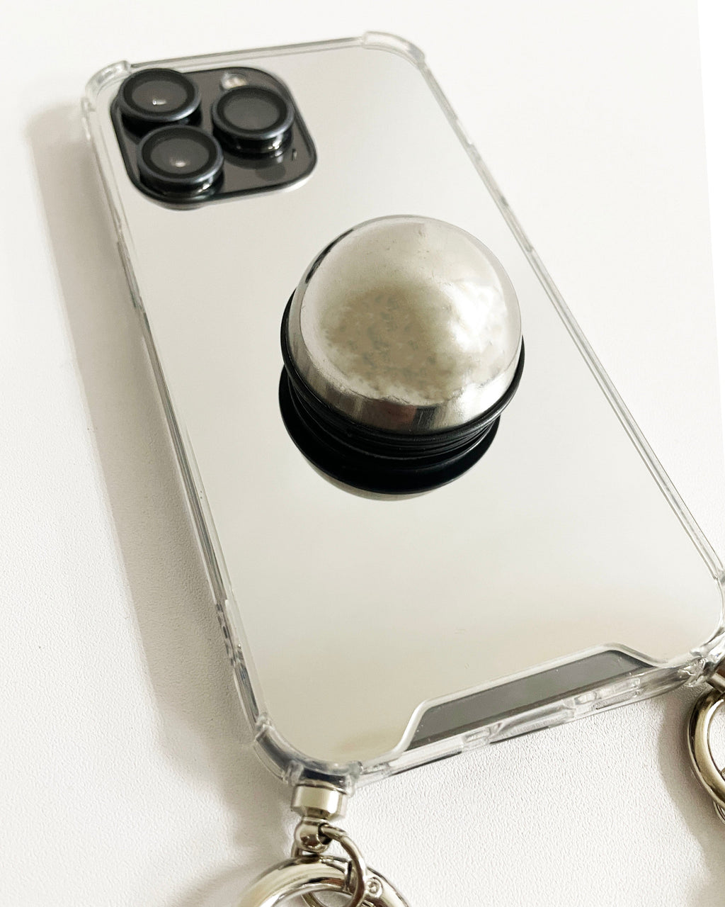 silver mirror studded holder chain & beads straps phone case *pre-order*