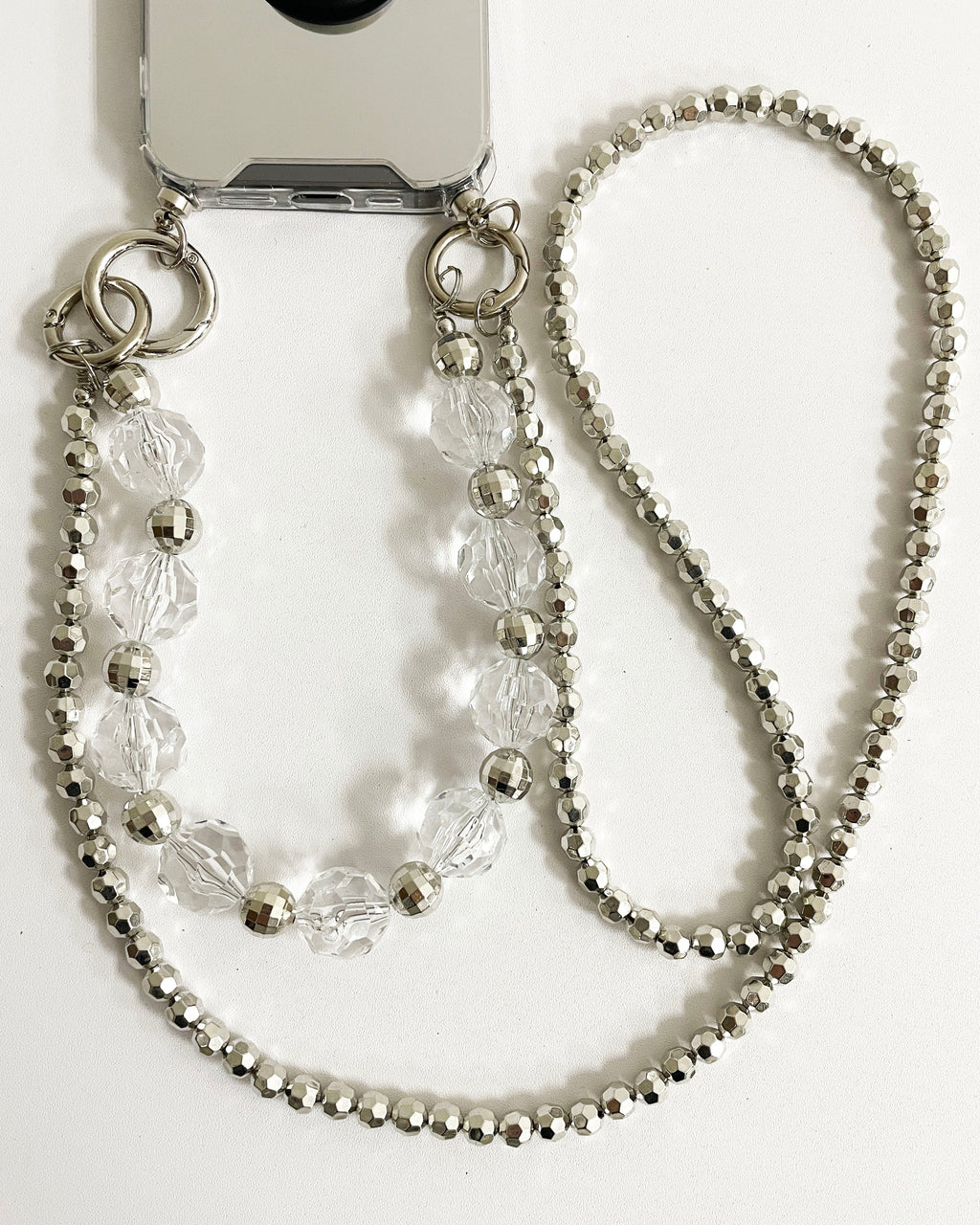 silver mirror studded holder chain & beads straps phone case *pre-order*