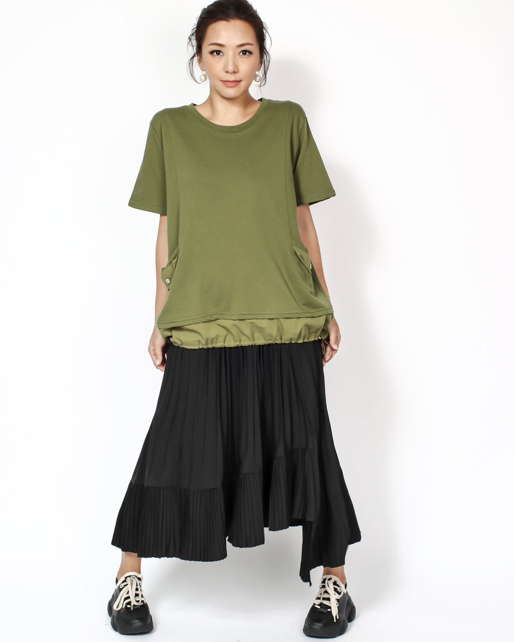 black crepe pleats asymmetric hem midi skirt *pre-order*