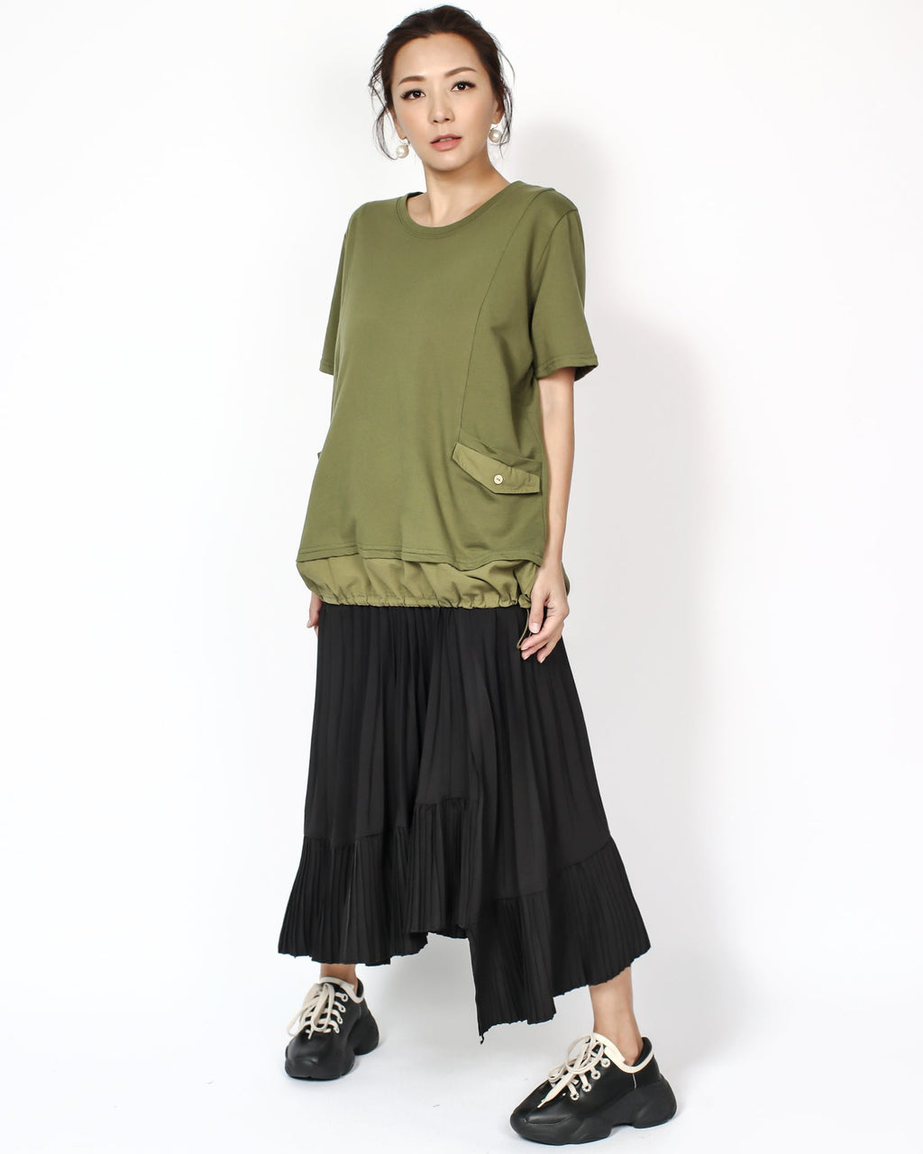 black crepe pleats asymmetric hem midi skirt *pre-order*