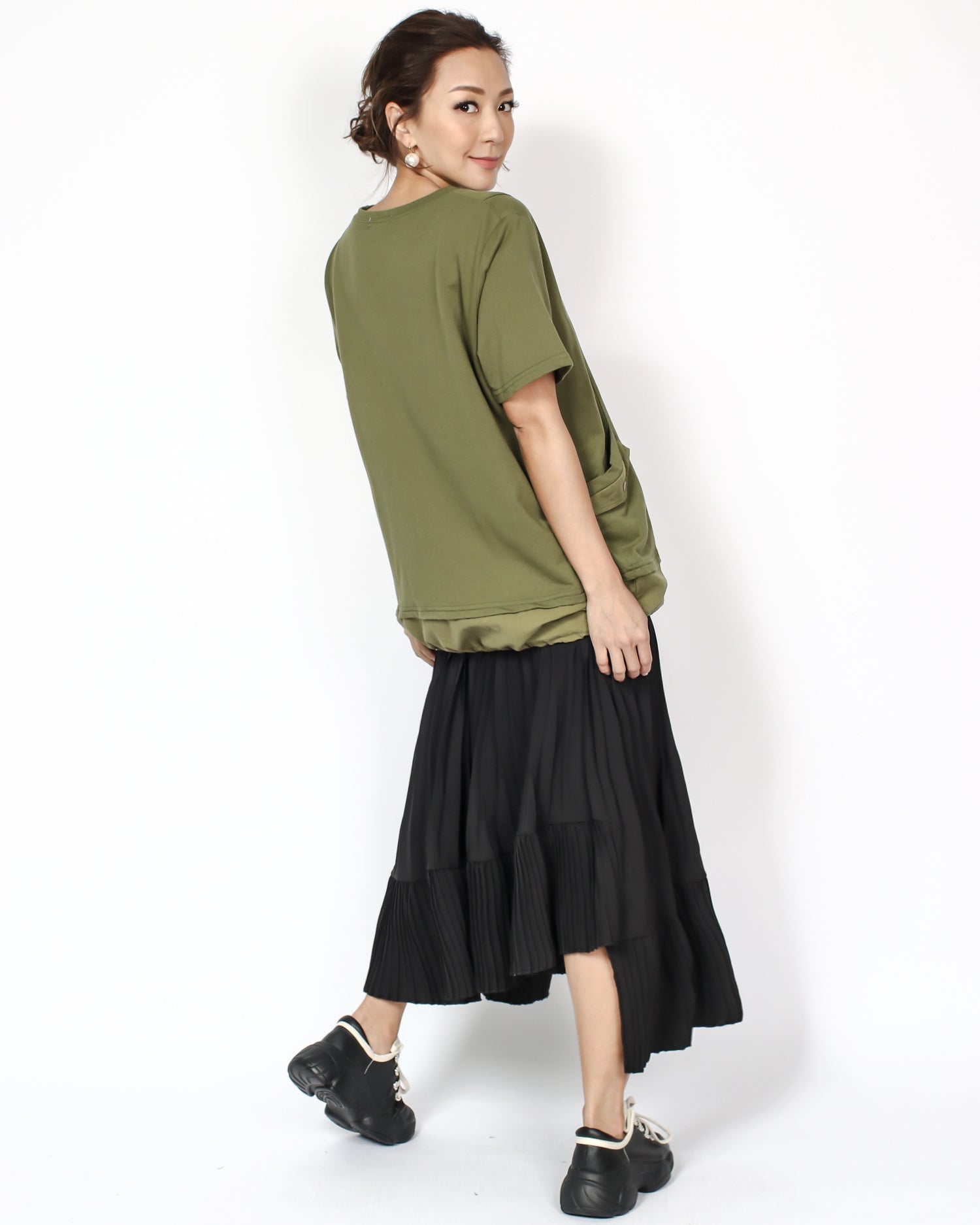black crepe pleats asymmetric hem midi skirt *pre-order*