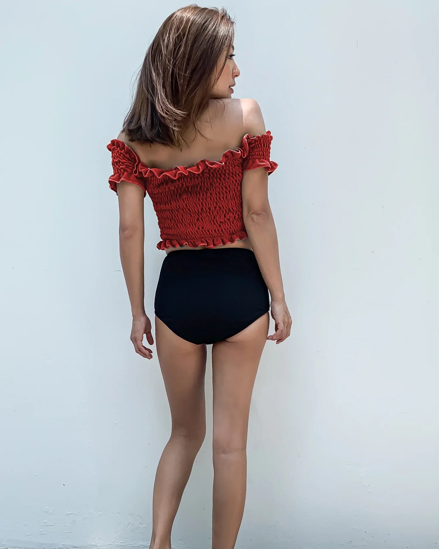 red ruched off shoulders & black high waist texture bottom bikini  *pre-order*