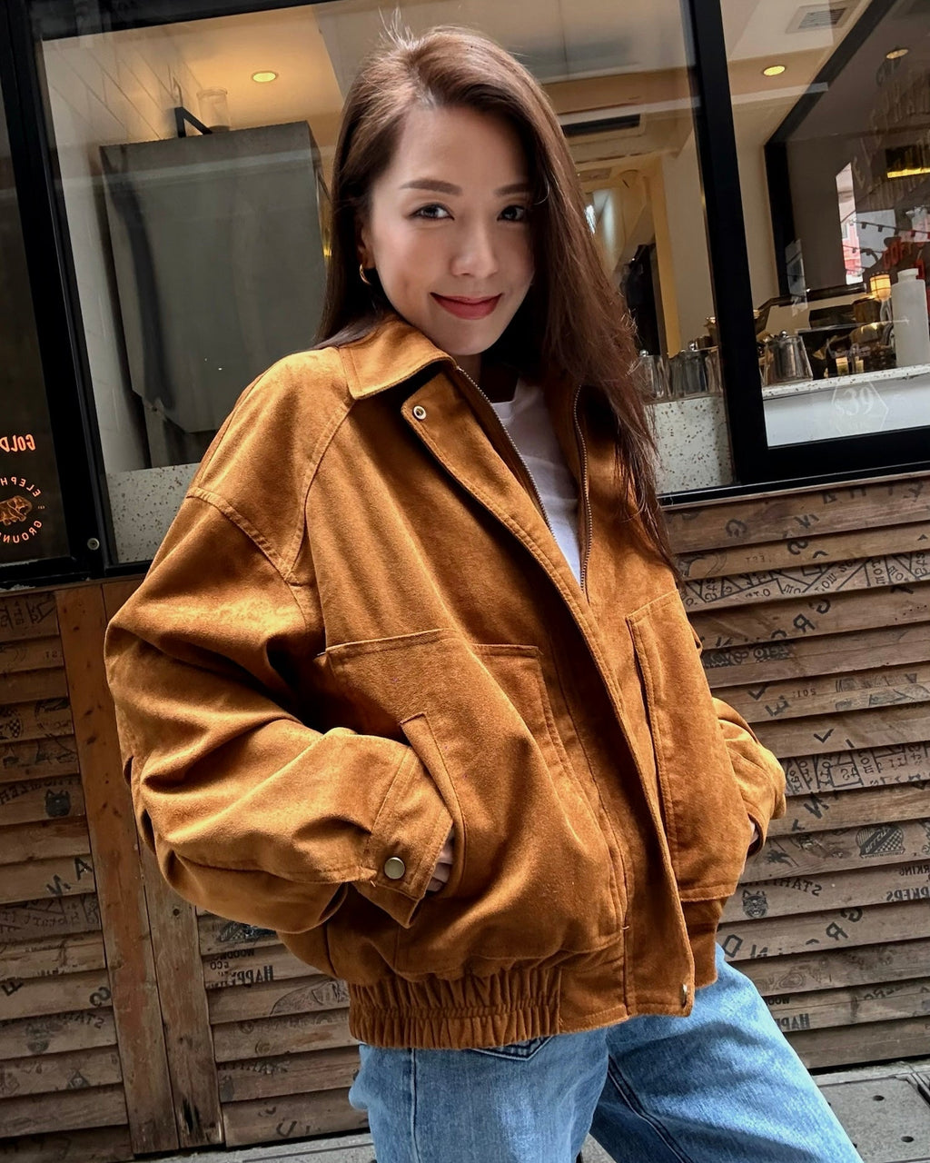 caramel PU suede bomber jacket *pre-order*