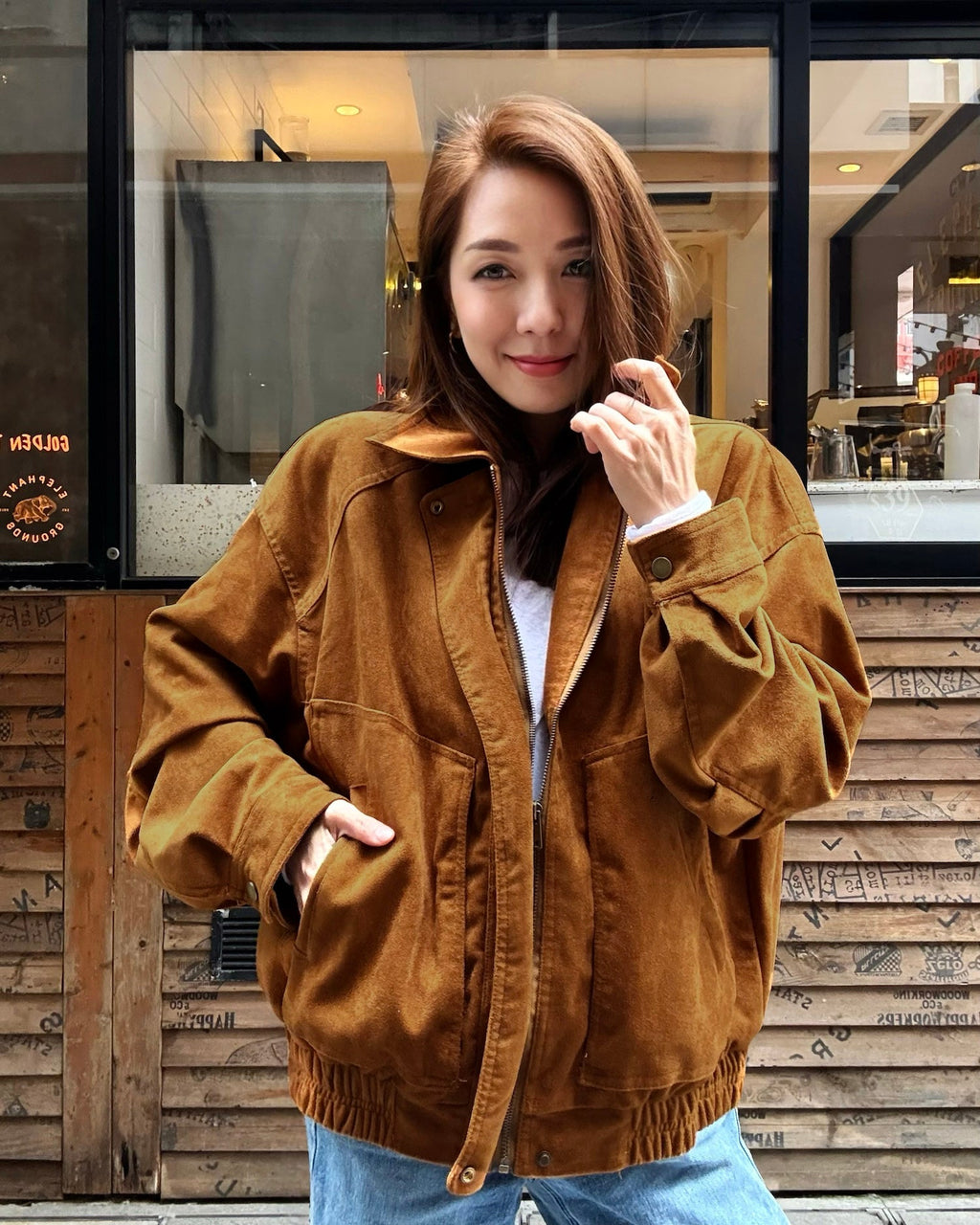 caramel PU suede bomber jacket *pre-order*