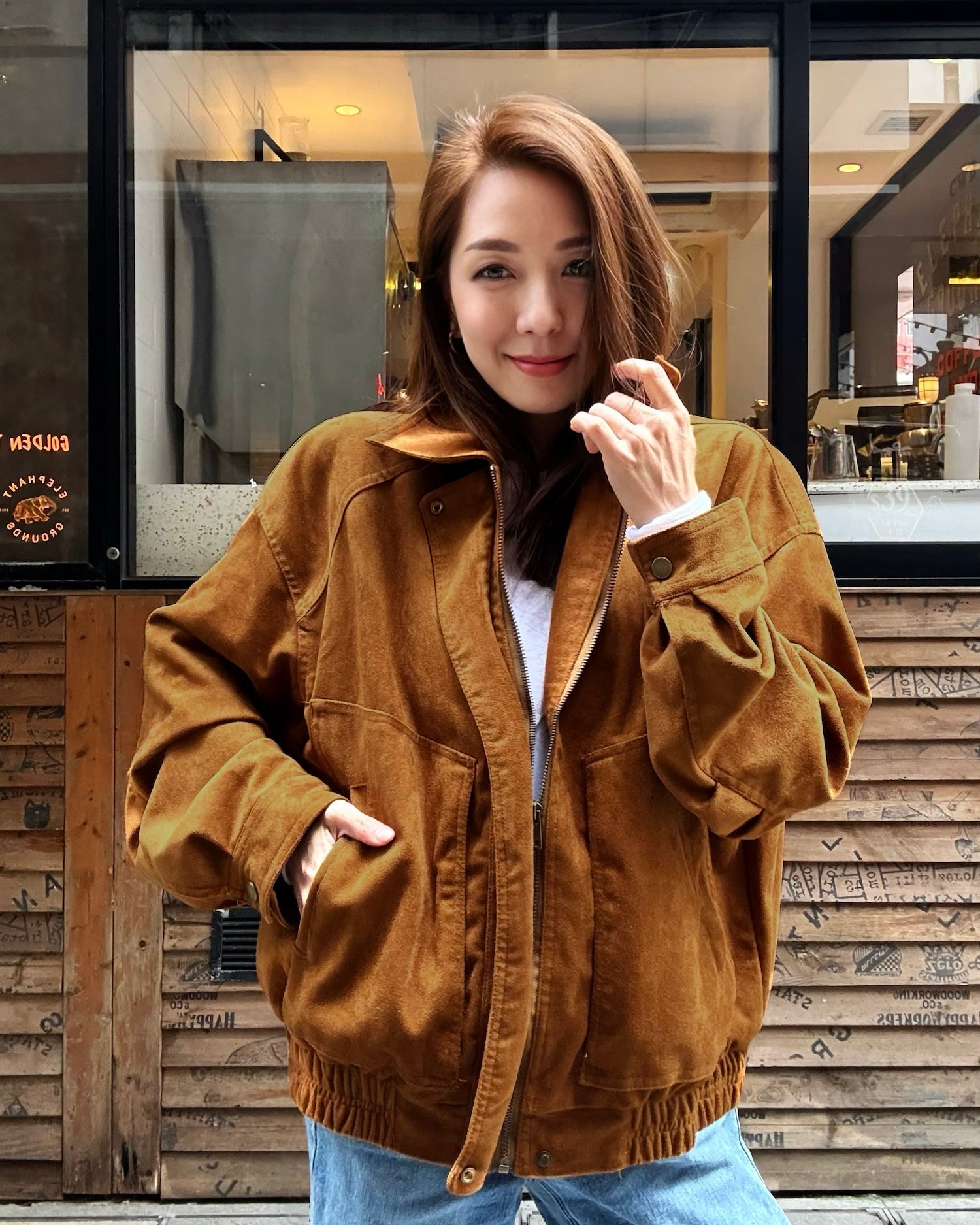 caramel PU suede bomber jacket *pre-order*