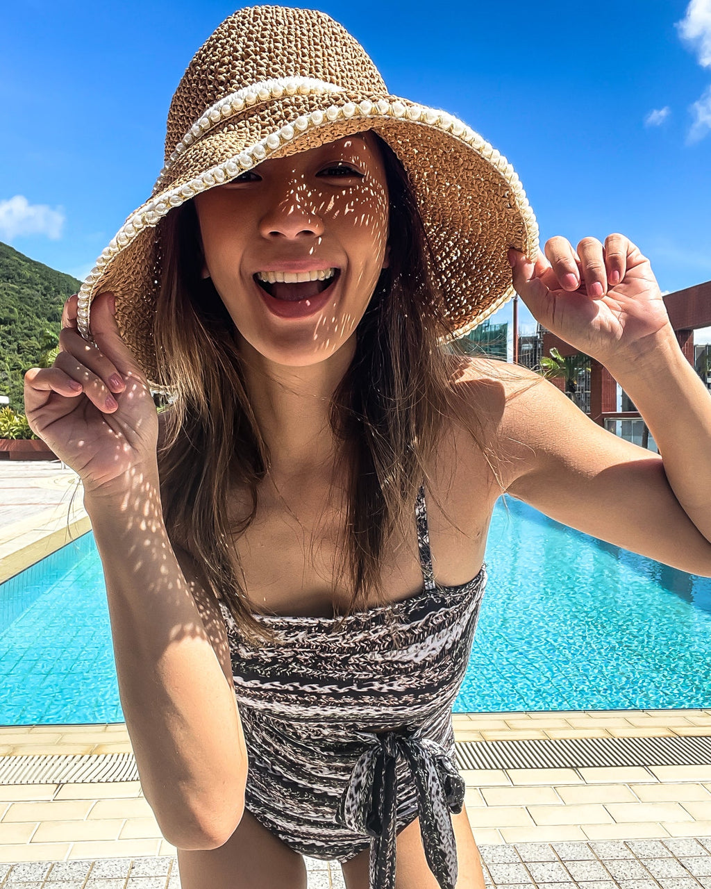 beige & pearls hem straw fadora hat *pre-order*