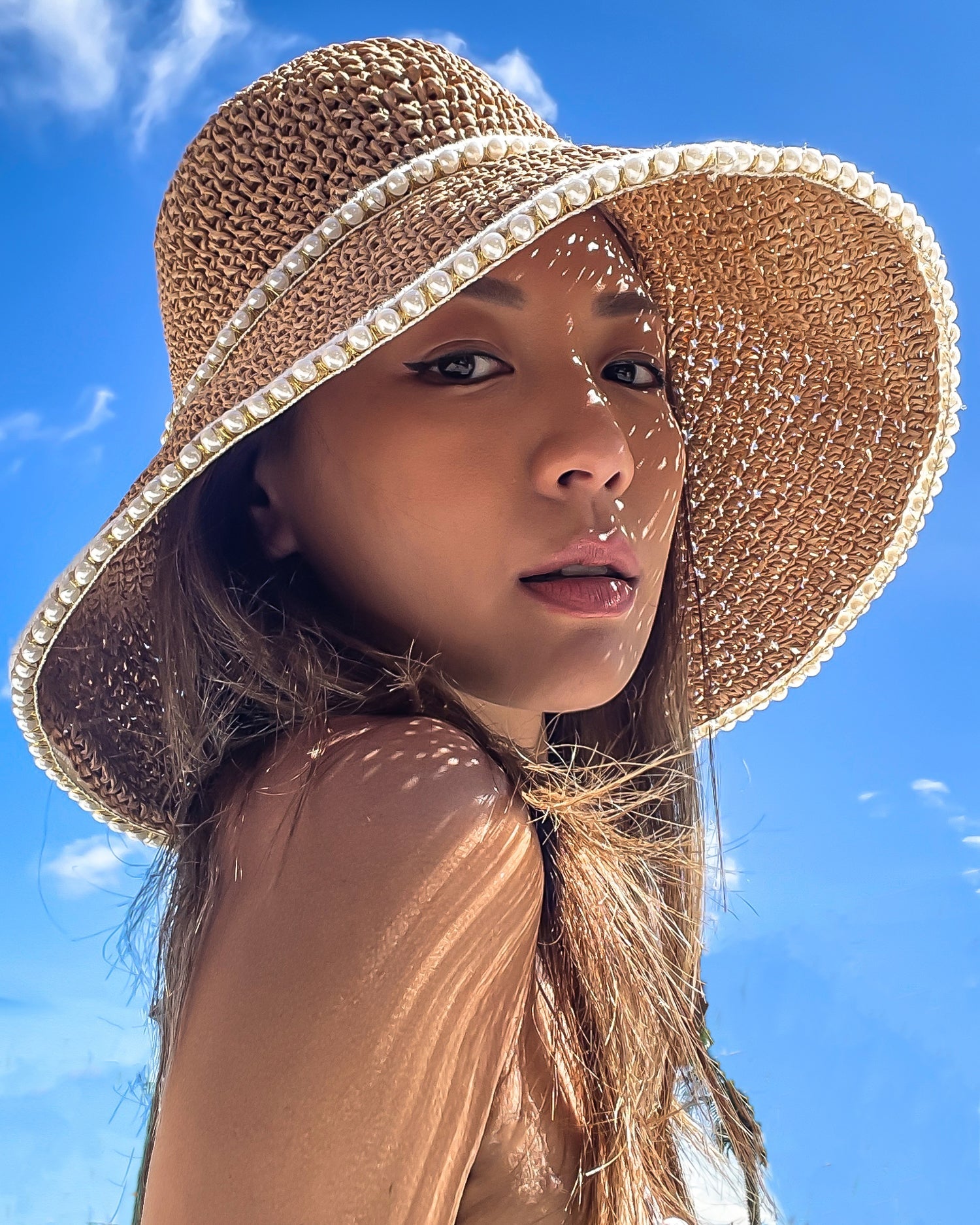 beige & pearls hem straw fadora hat *pre-order*