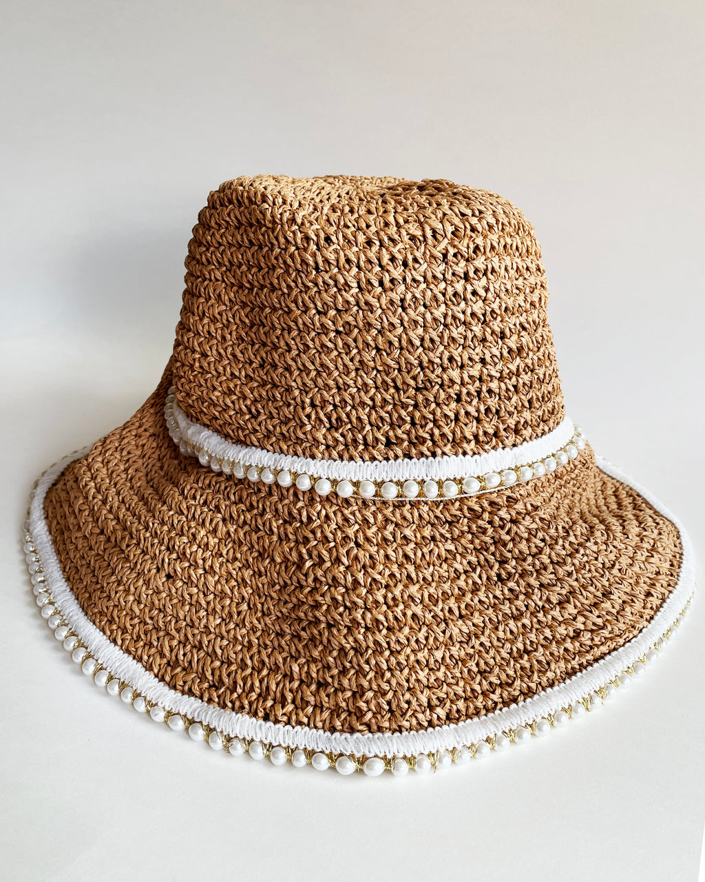 beige & pearls hem straw fadora hat *pre-order*