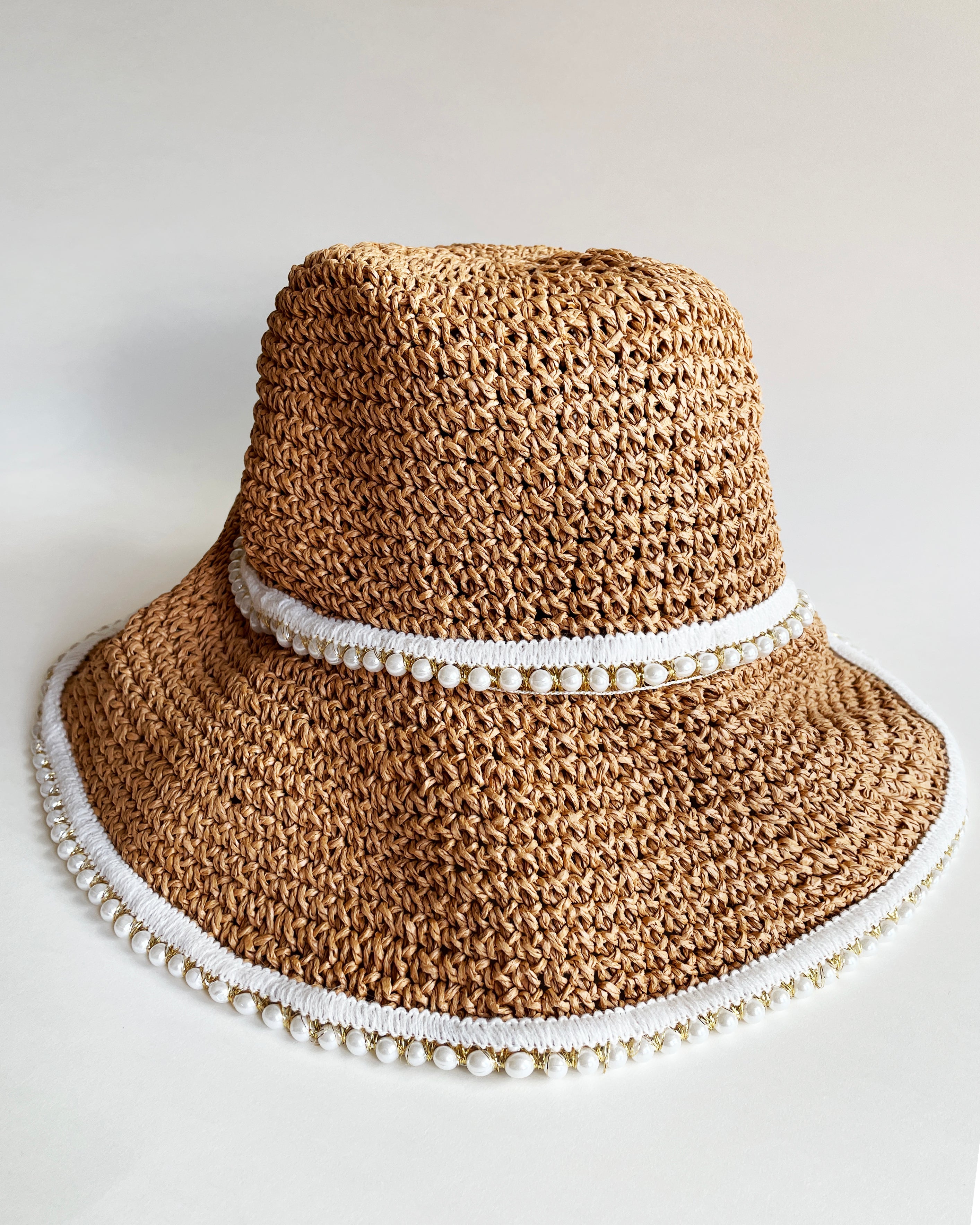 beige & pearls hem straw fadora hat *pre-order*