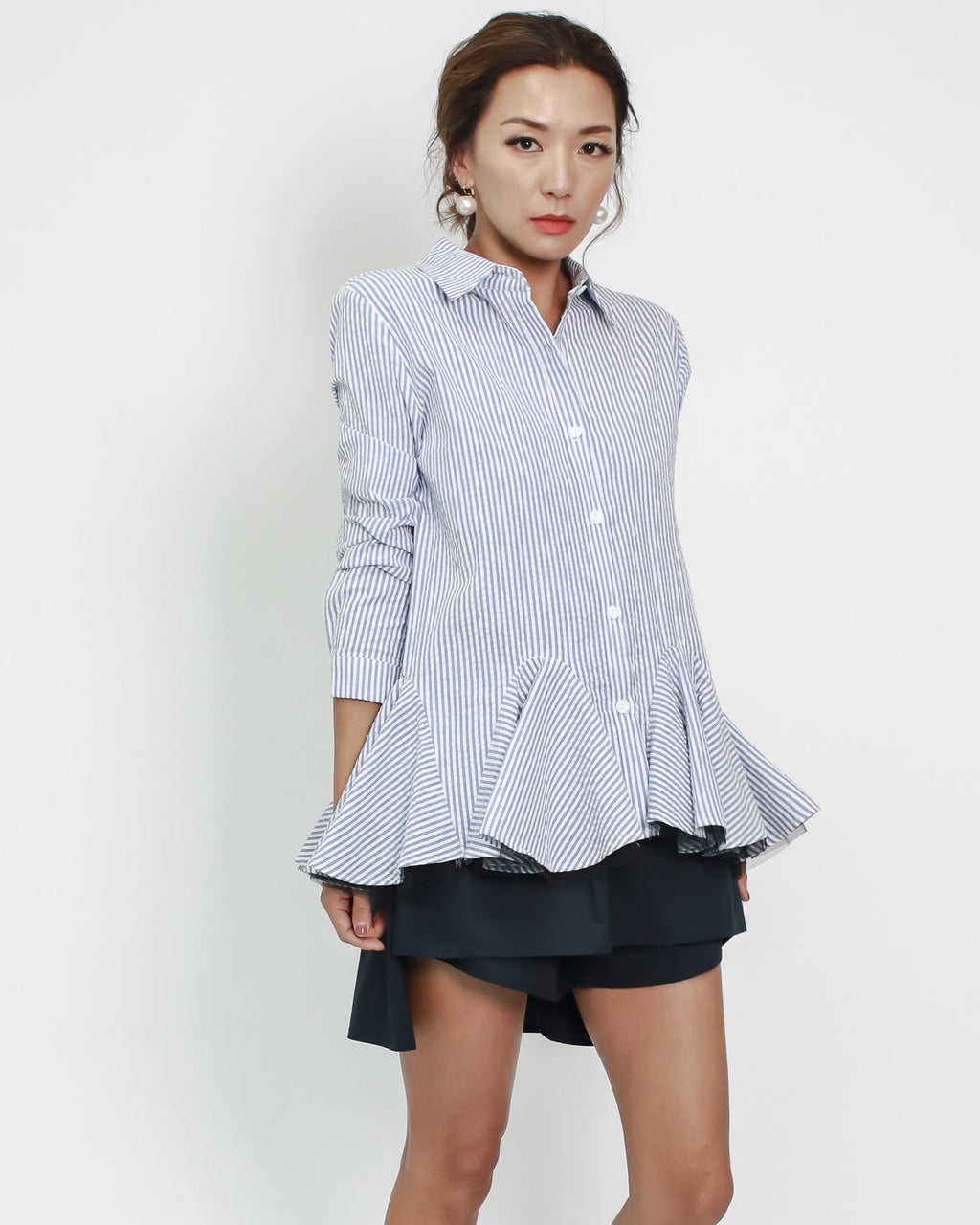 blue stripes texture shirt w/ black mesh layer ruffles hem *pre-order*