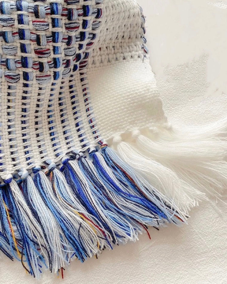 blue & ivory tassels knitted scarf *pre-order*