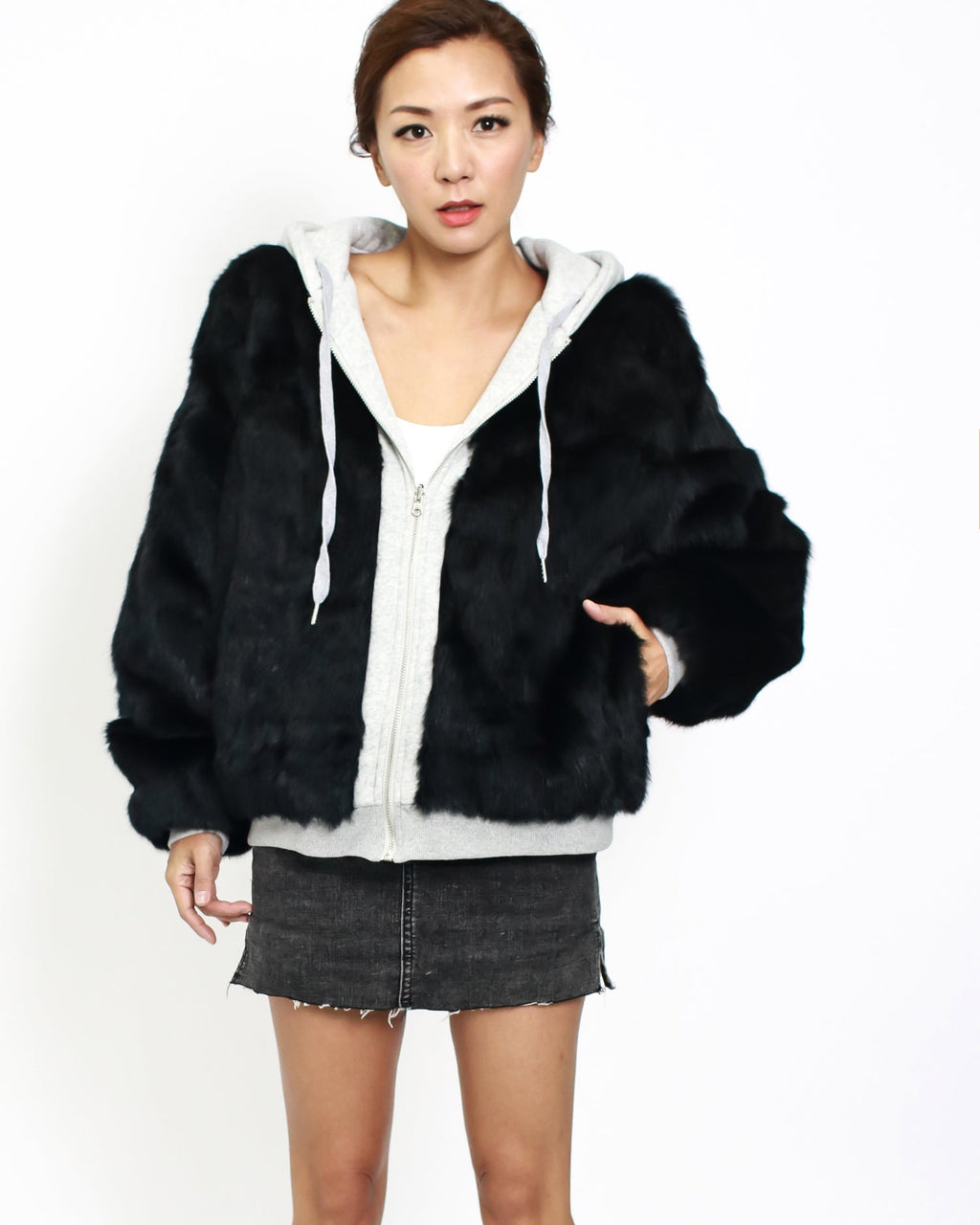 grey & black furry hoodie sweatshirt quilted jacket *pre-order*