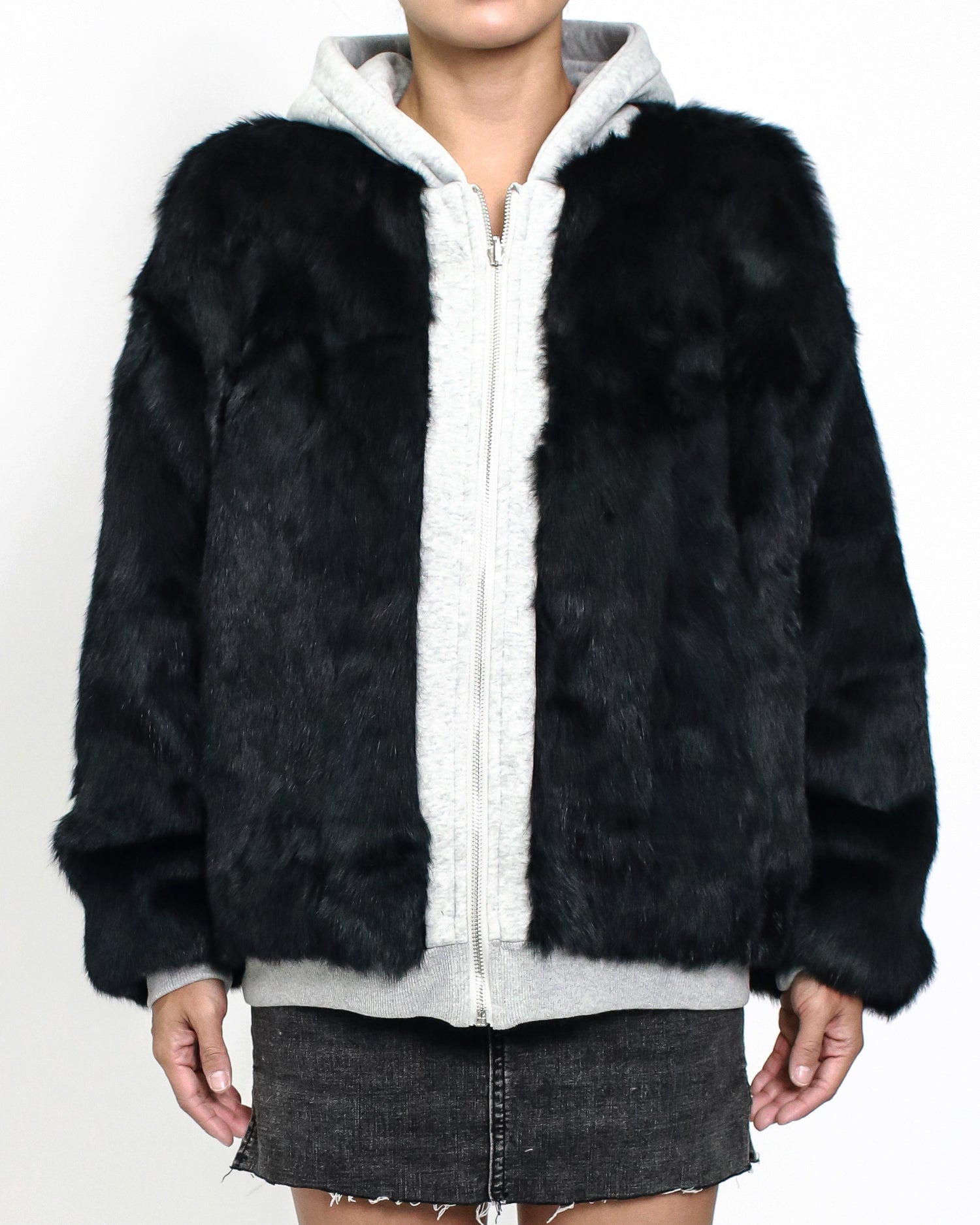 grey & black furry hoodie sweatshirt quilted jacket *pre-order*