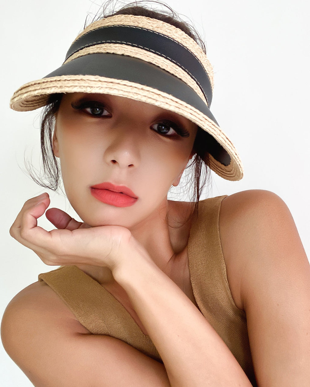 black & PU leather straw visor hat *pre-order*