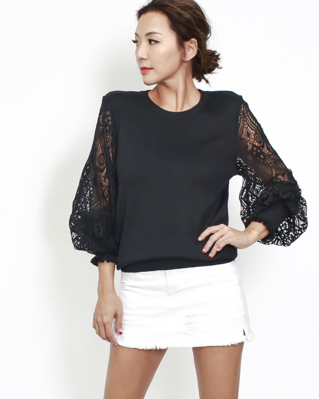 black crochet sleeves knitted top *pre-order*